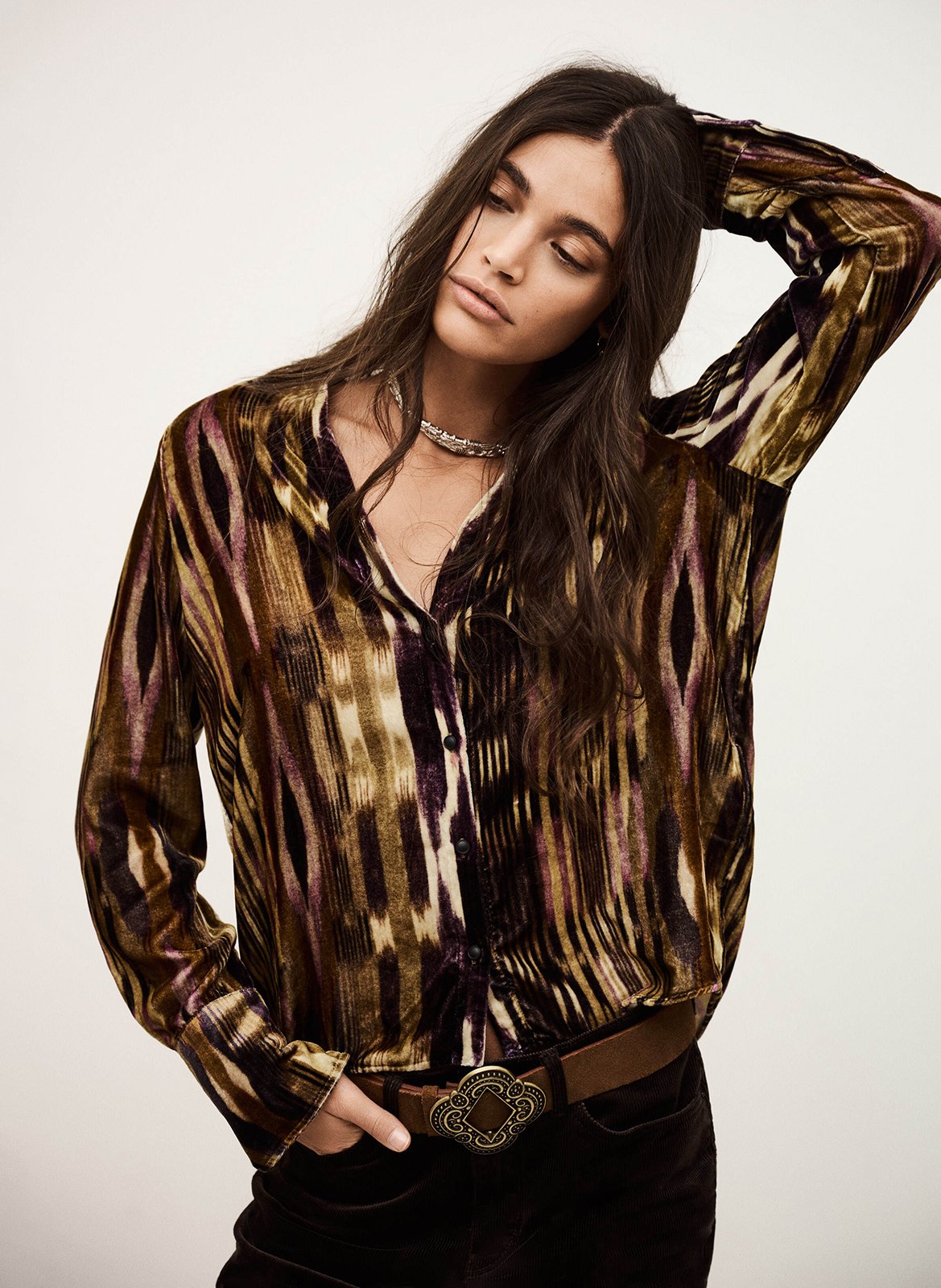 BA&SH Chemise droite col classique imprimée vany Kaki