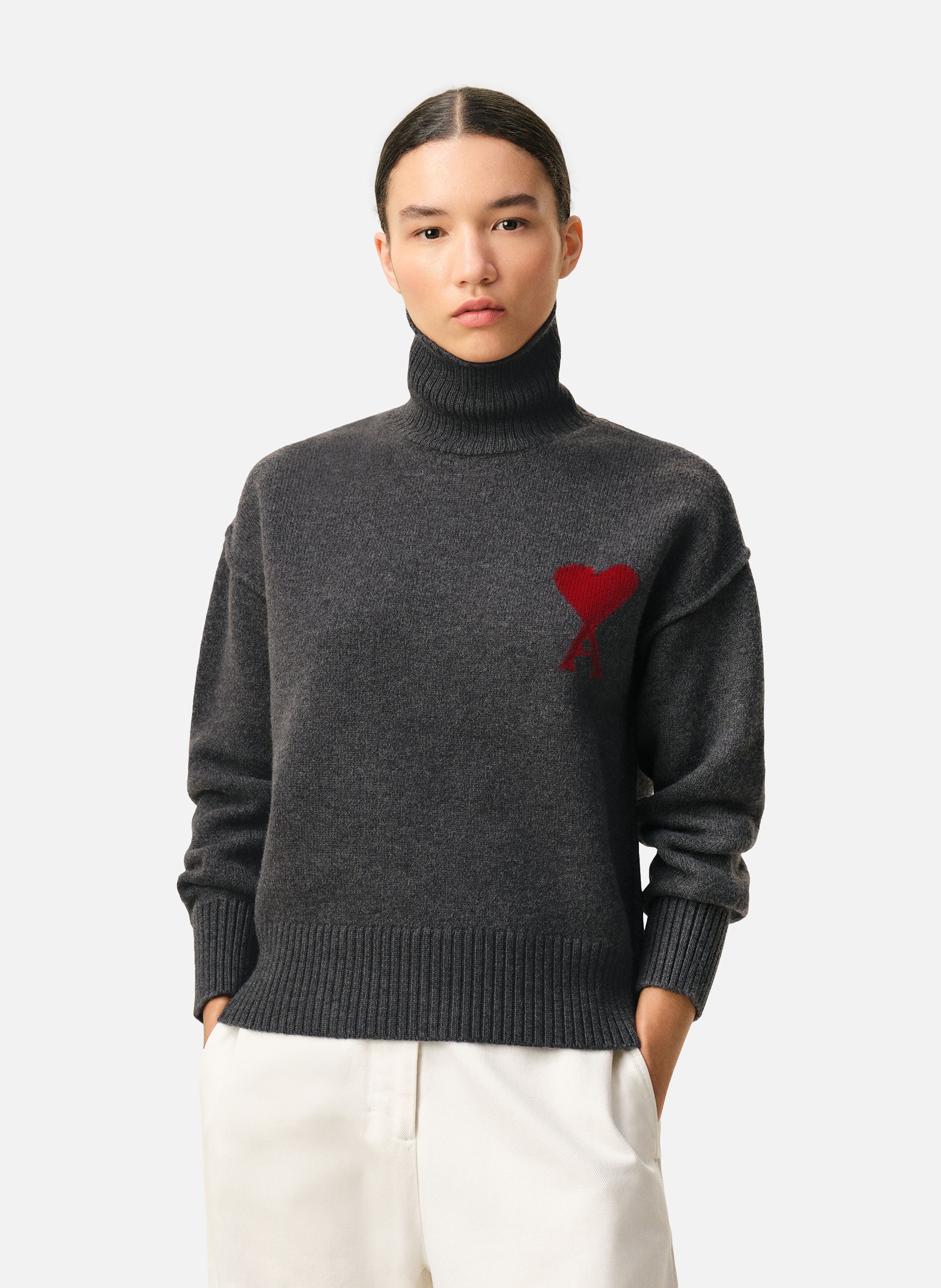 Pull Col Cheminée Ami De Coeur En Laine unisexe AMI PARIS Gris