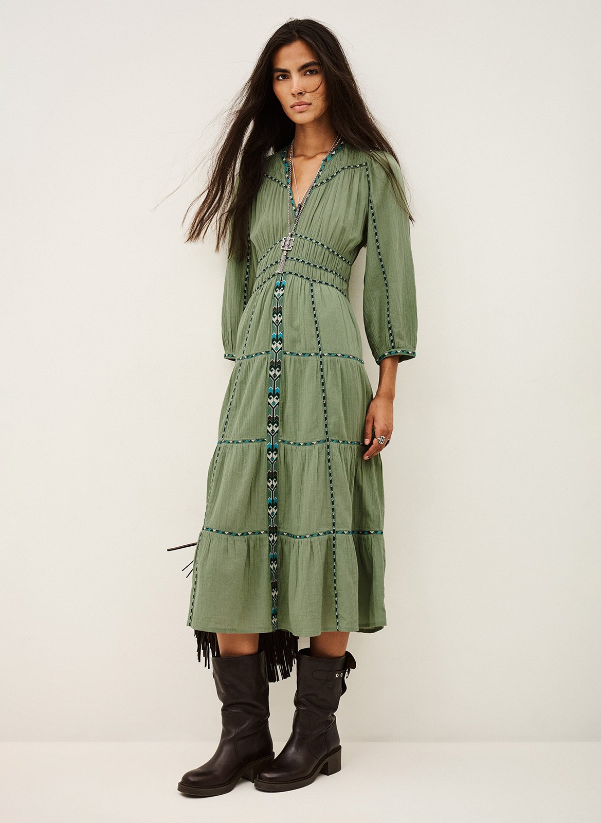 Robe longue col tunisien brodée pahina BA&SH Vert