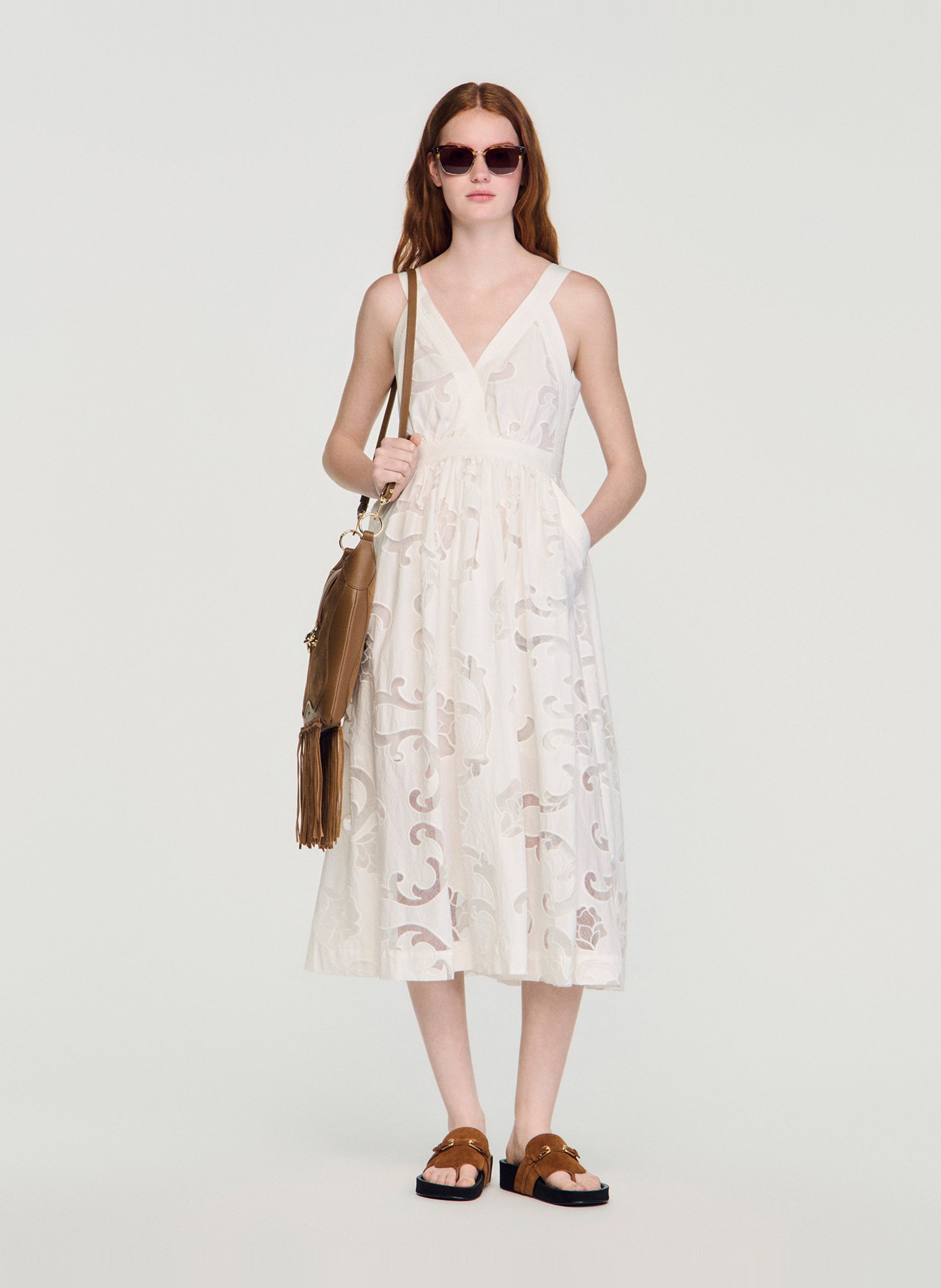 Robe midi col v en coton mélangé SANDRO Beige