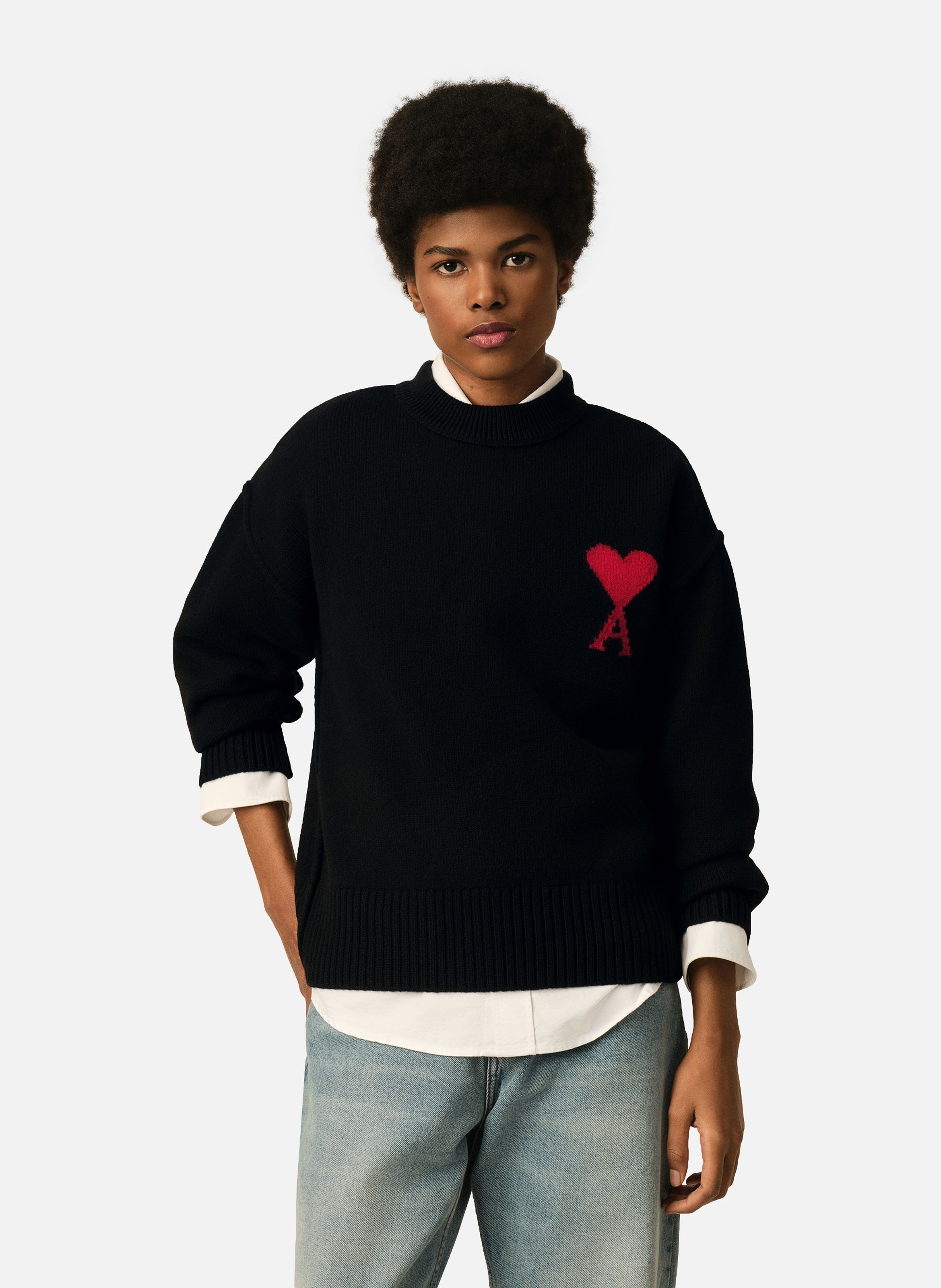 Pull col rond ami de coeur en laine unisexe AMI PARIS Noir
