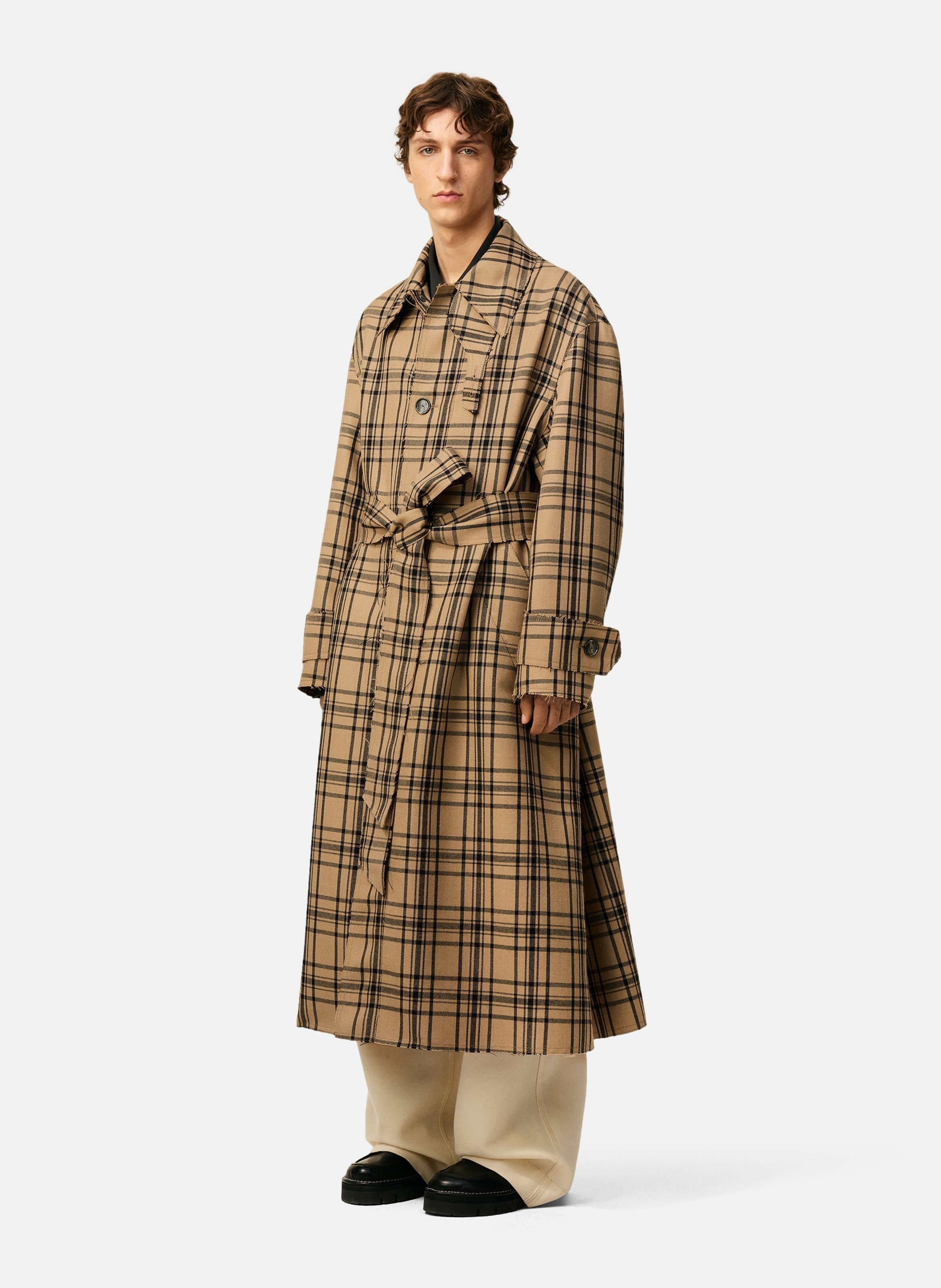 Mac ceinturé a carreaux en laine unisexe Marron