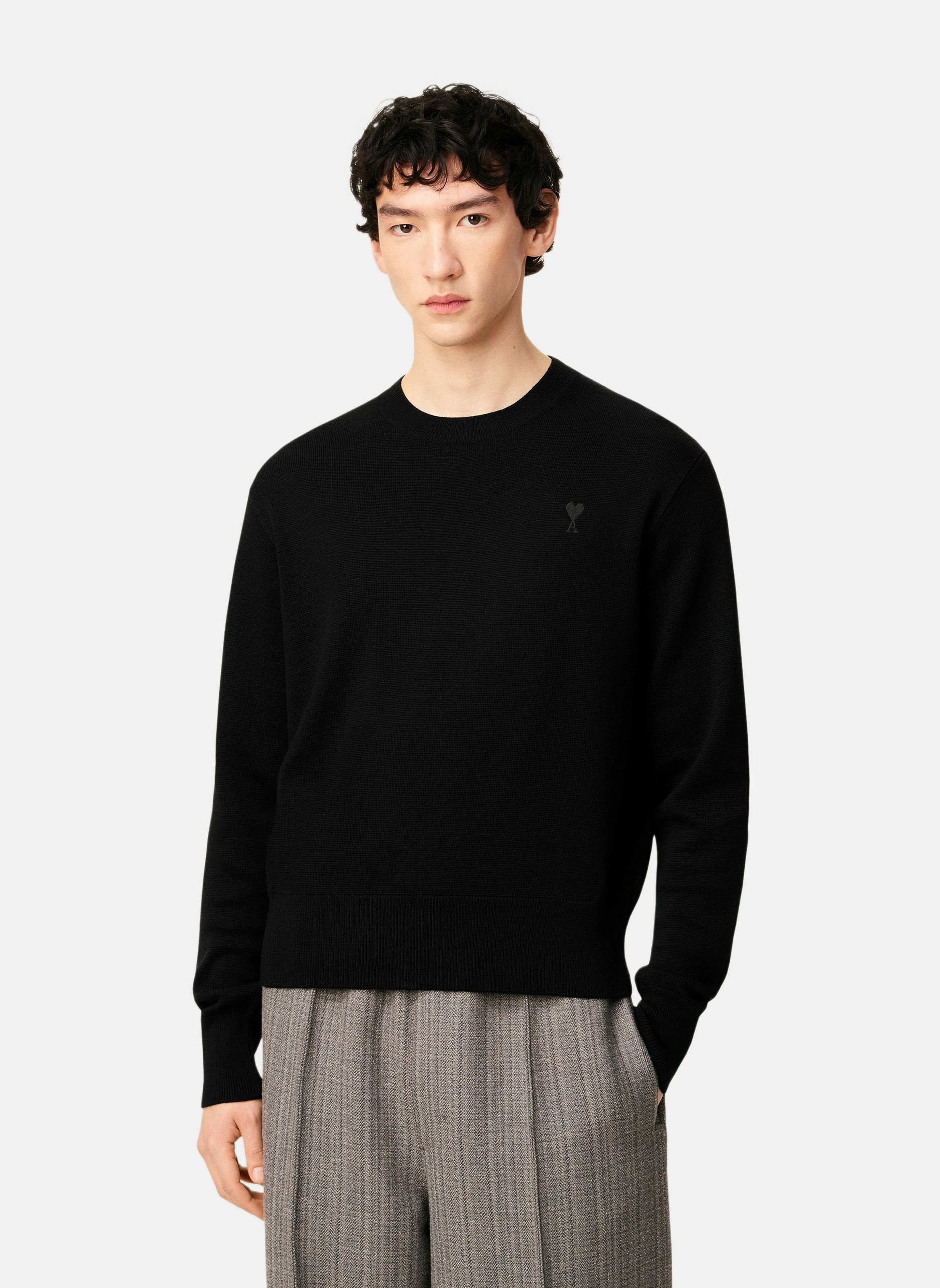 Pull Col Rond Ami De Coeur En Laine AMI PARIS Noir