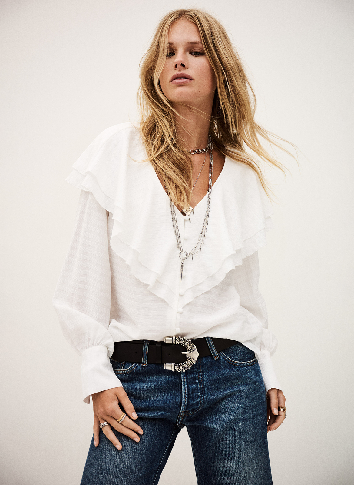 BA&SH Blouse volantée col v unie sunya Beige