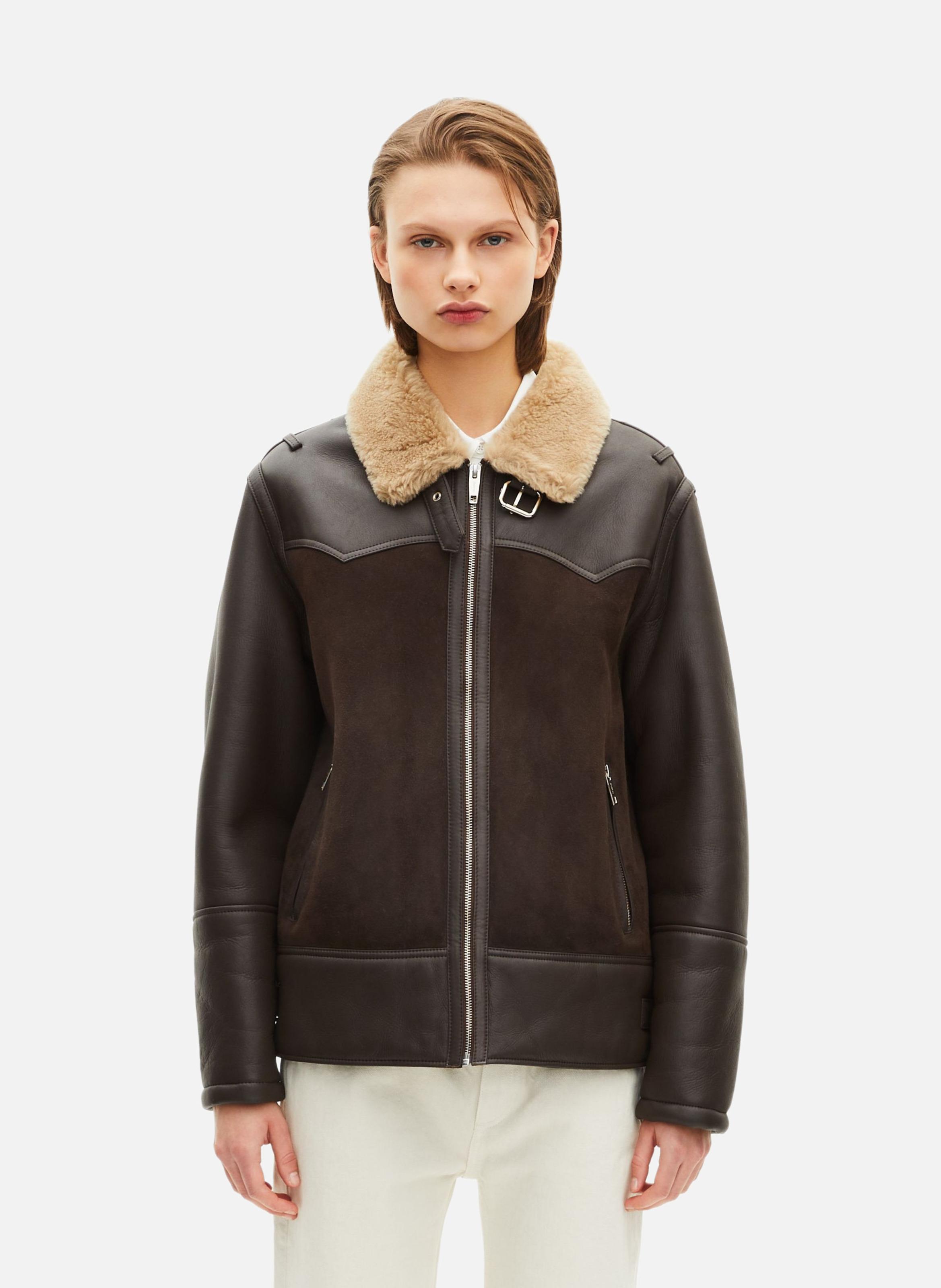 THE KOOPLES Peau lainée courte avec col sherpa Marron