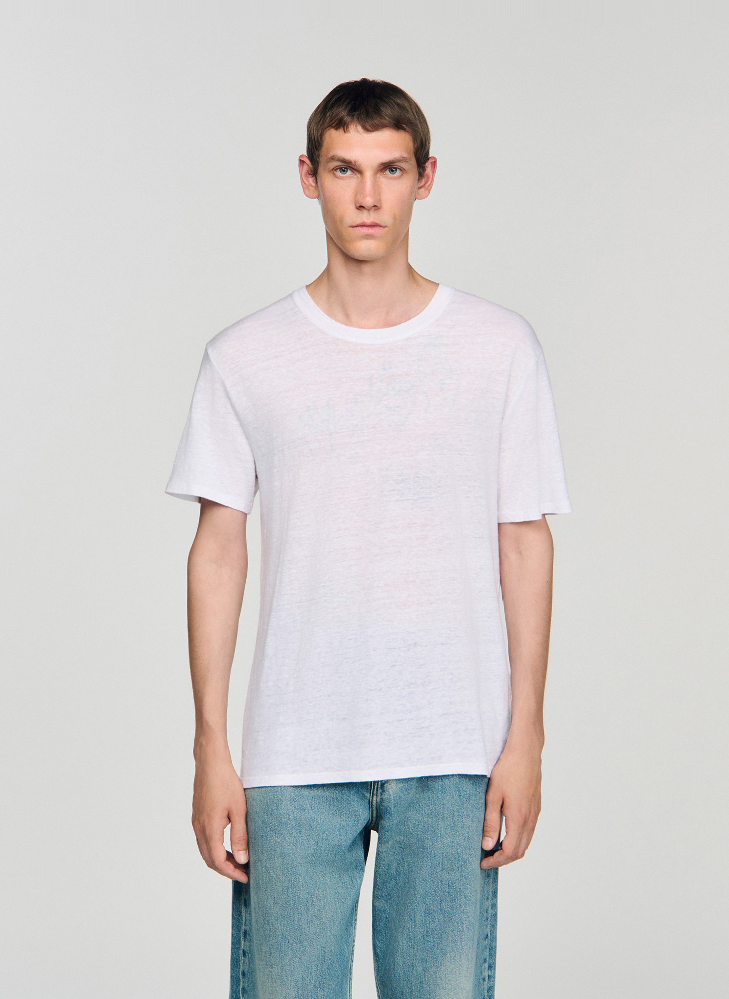 Tee-shirt col rond regular-fit en lin SANDRO Blanc