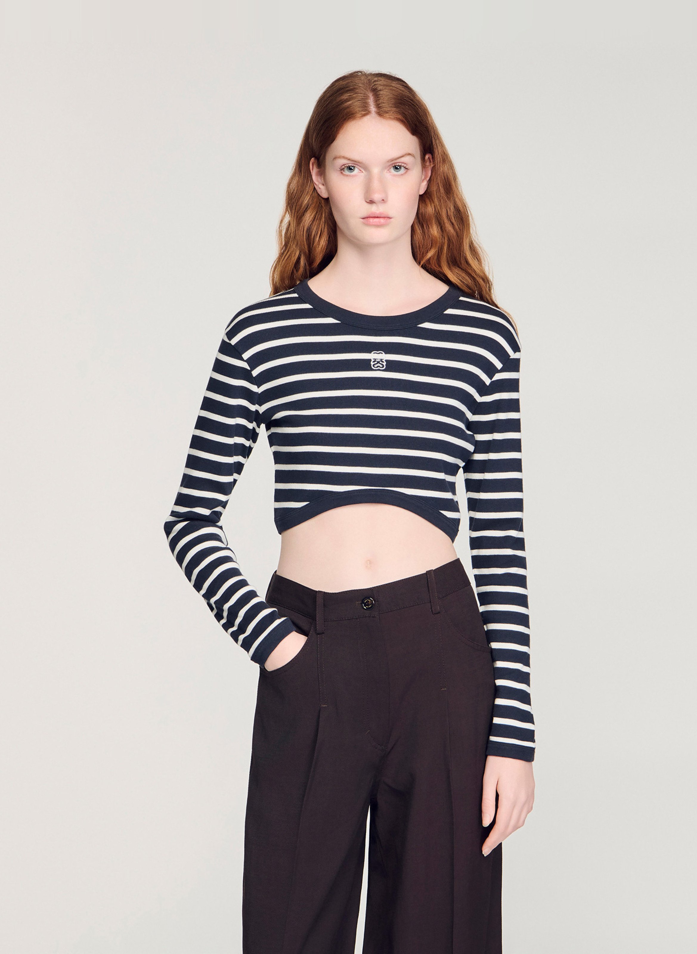 Tee-shirt droit col rond en coton rayé SANDRO Bleu