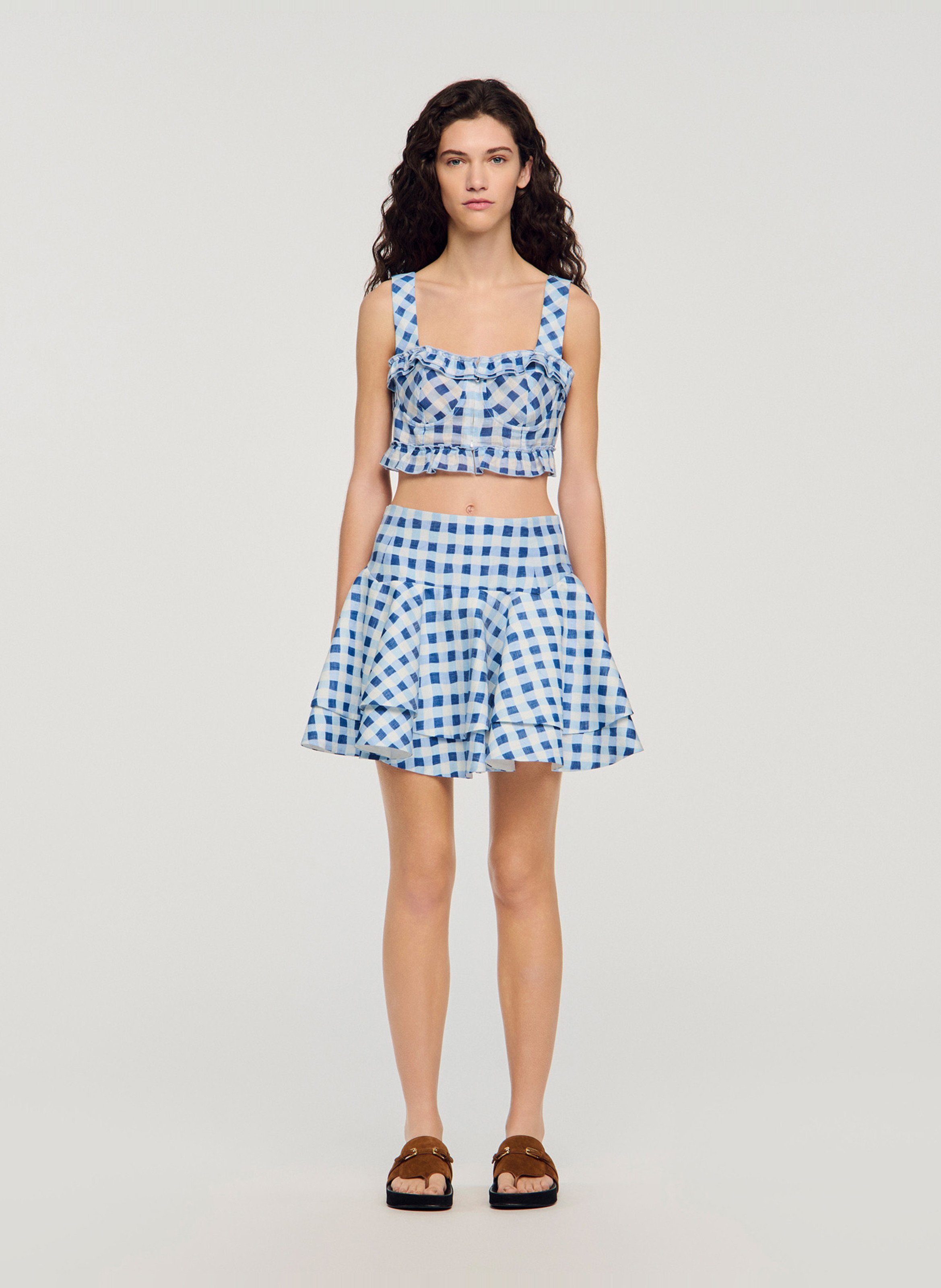 Jupe courte évasée en lin mélangé SANDRO Bleu