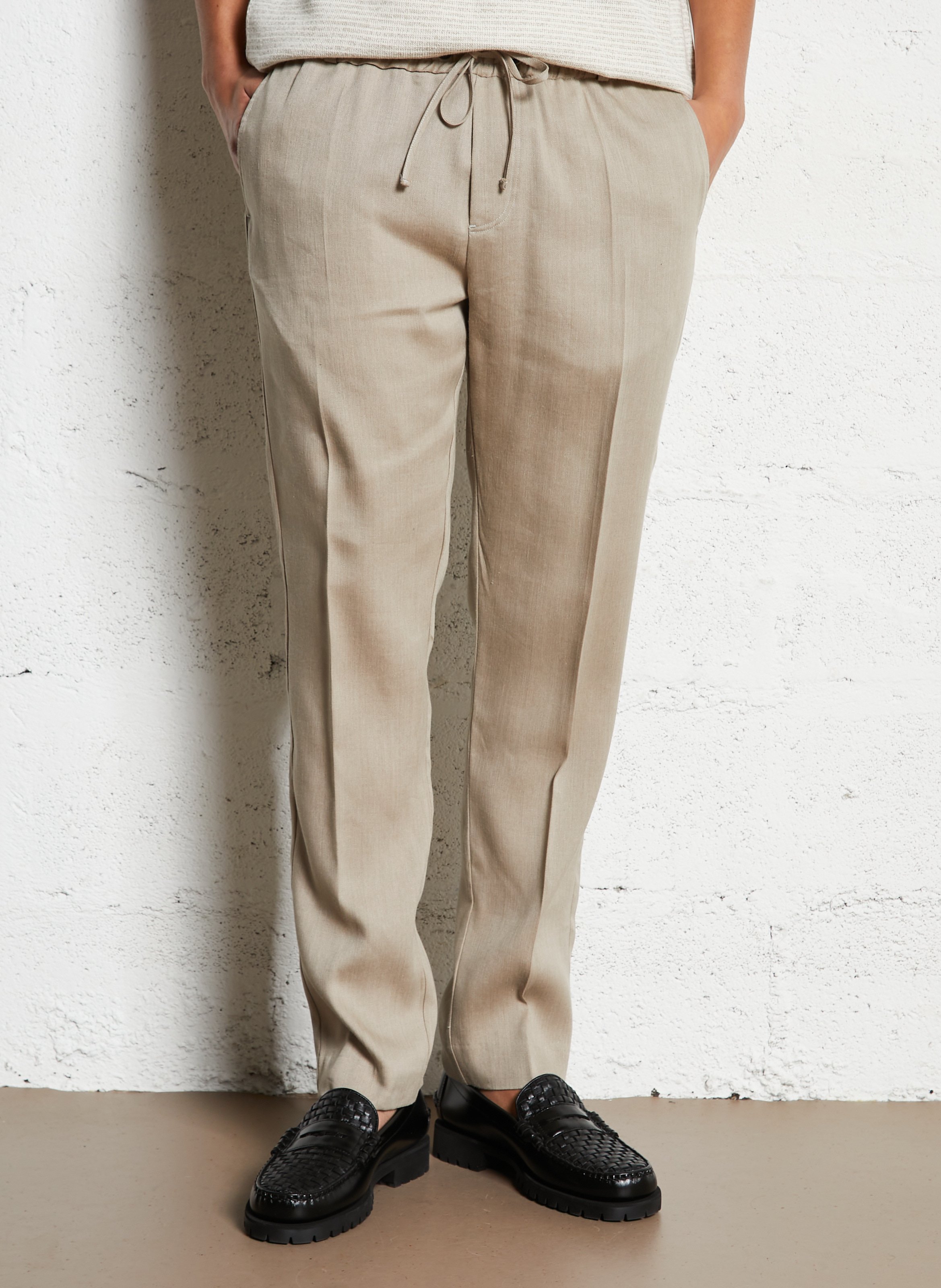 Pantalon casual droit uni en lin mélangé IKKS Beige