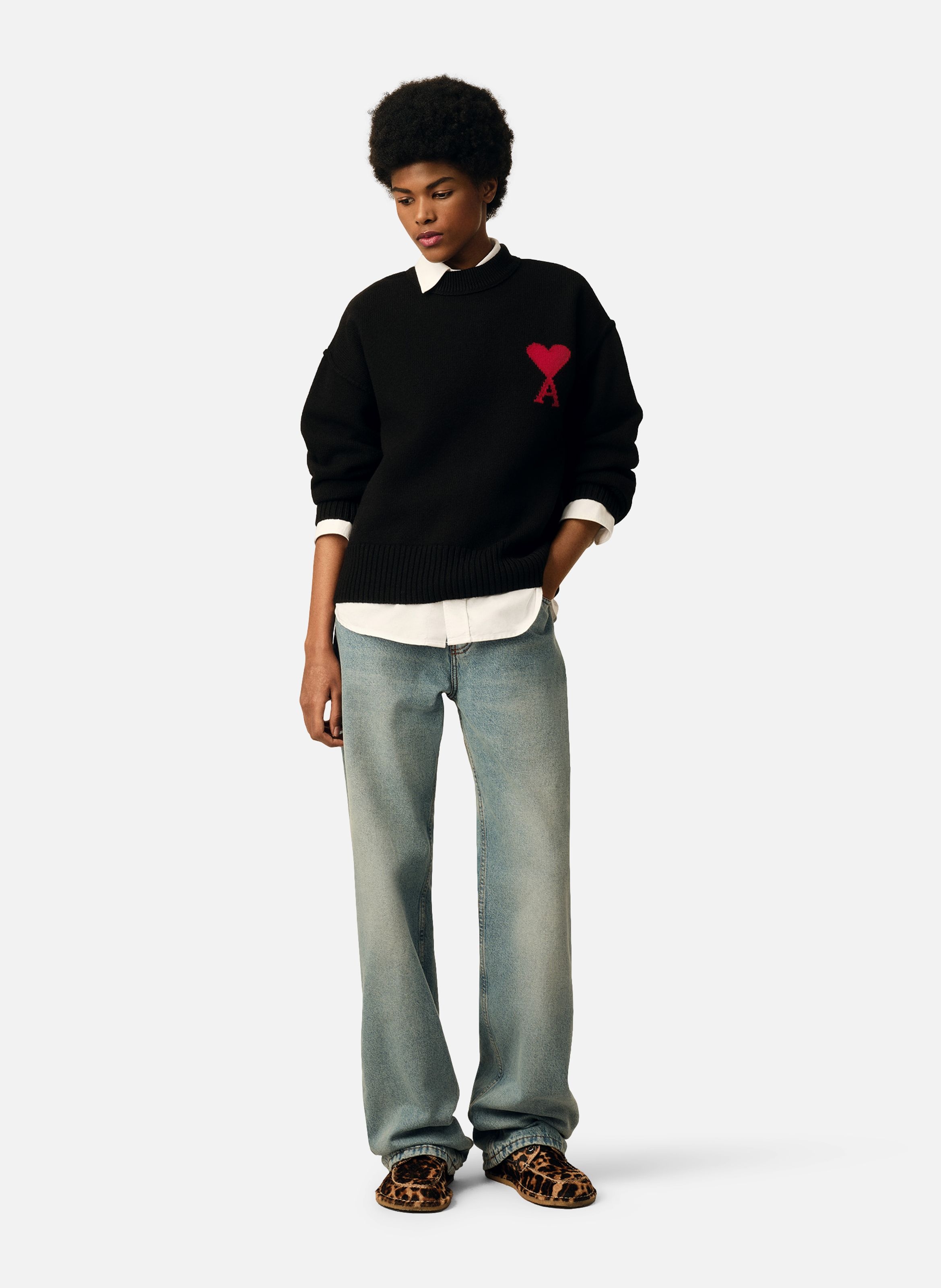 Pull col rond ami de coeur en laine unisexe AMI PARIS Noir
