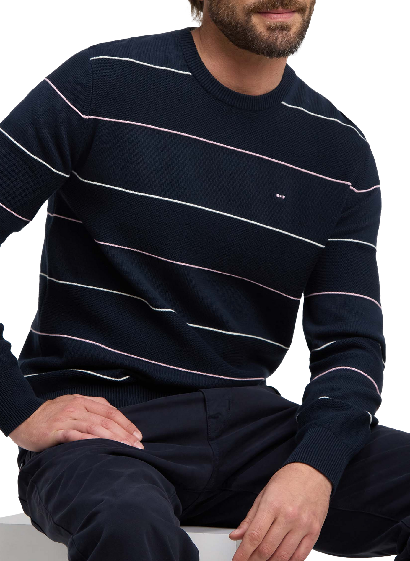 Pull col rond rayé en coton EDEN PARK Blue