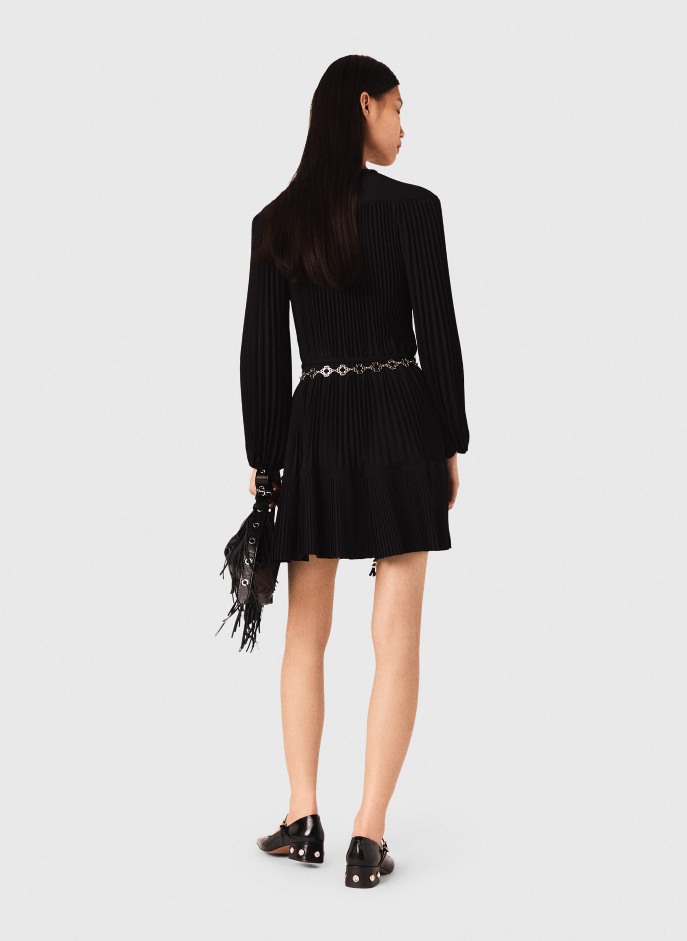 Robe courte col v plissée Noir