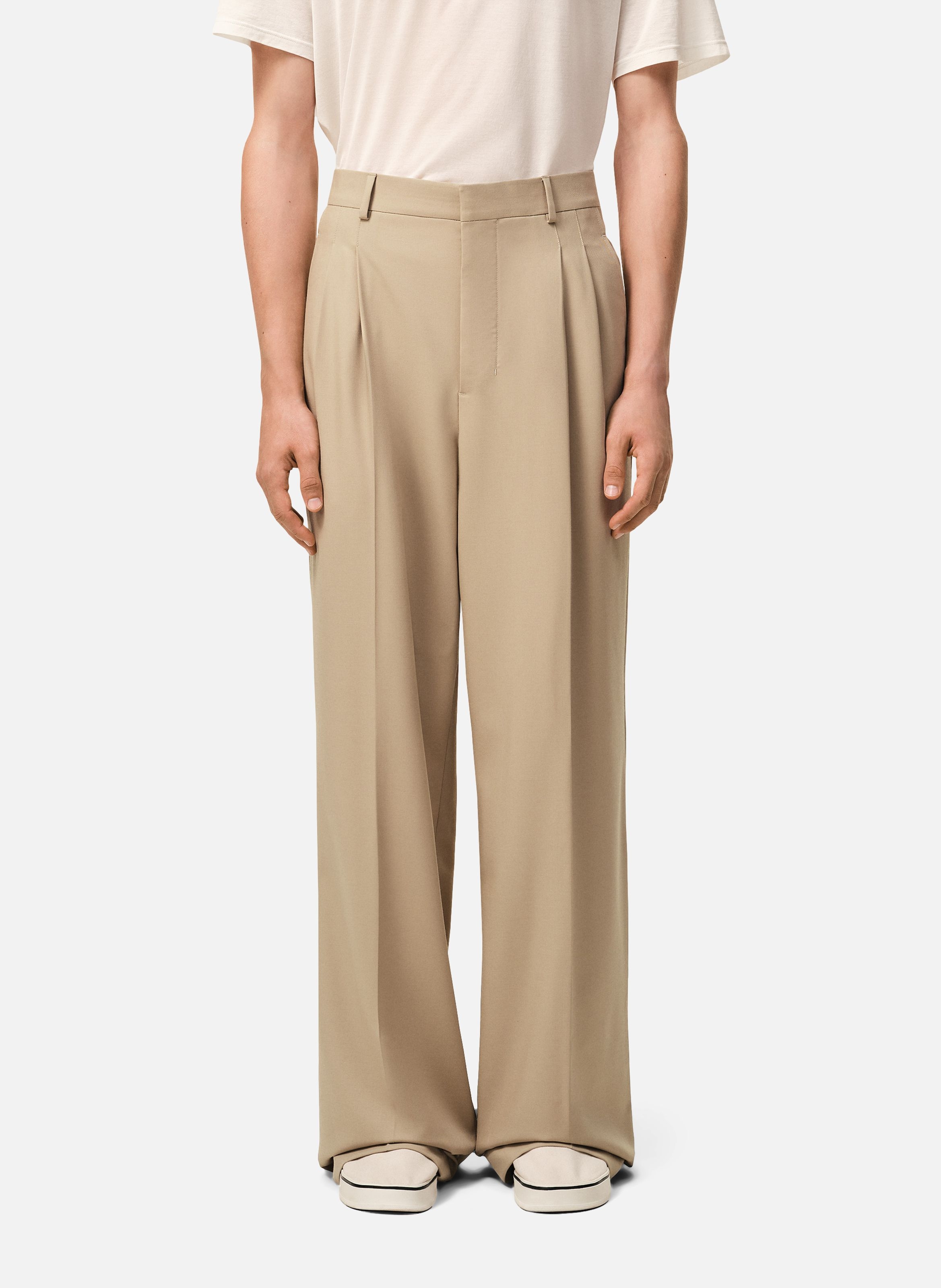 Pantalon large taille basse en laine vierge AMI PARIS Beige