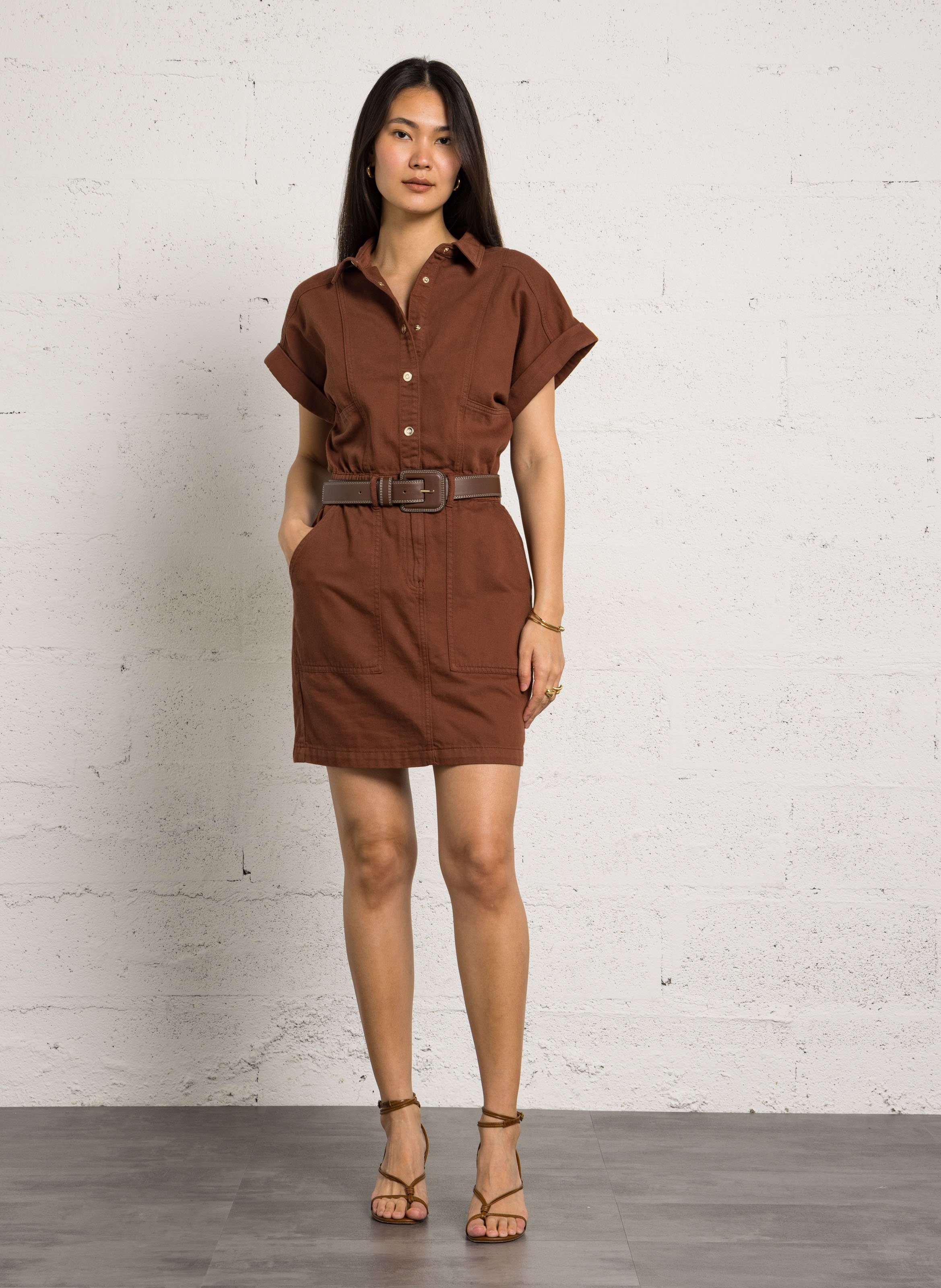 Robe courte col classique en coton betsina Marron