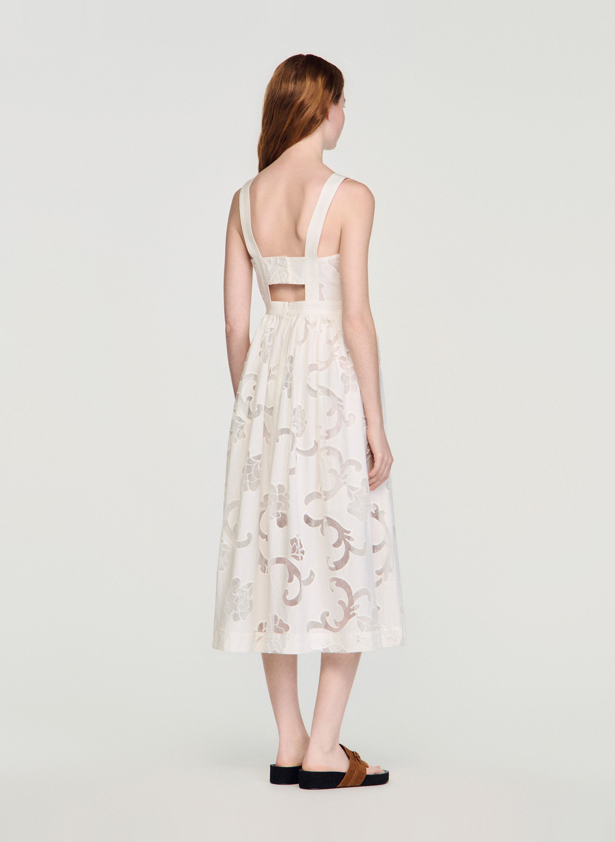 Robe midi col v en coton mélangé SANDRO Beige