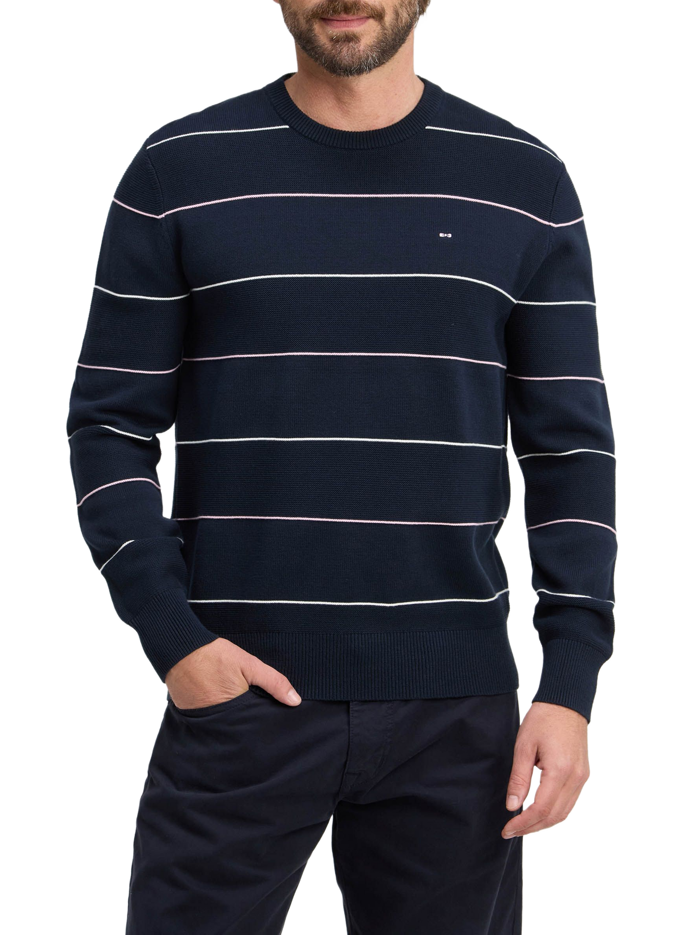 Pull col rond rayé en coton EDEN PARK Blue