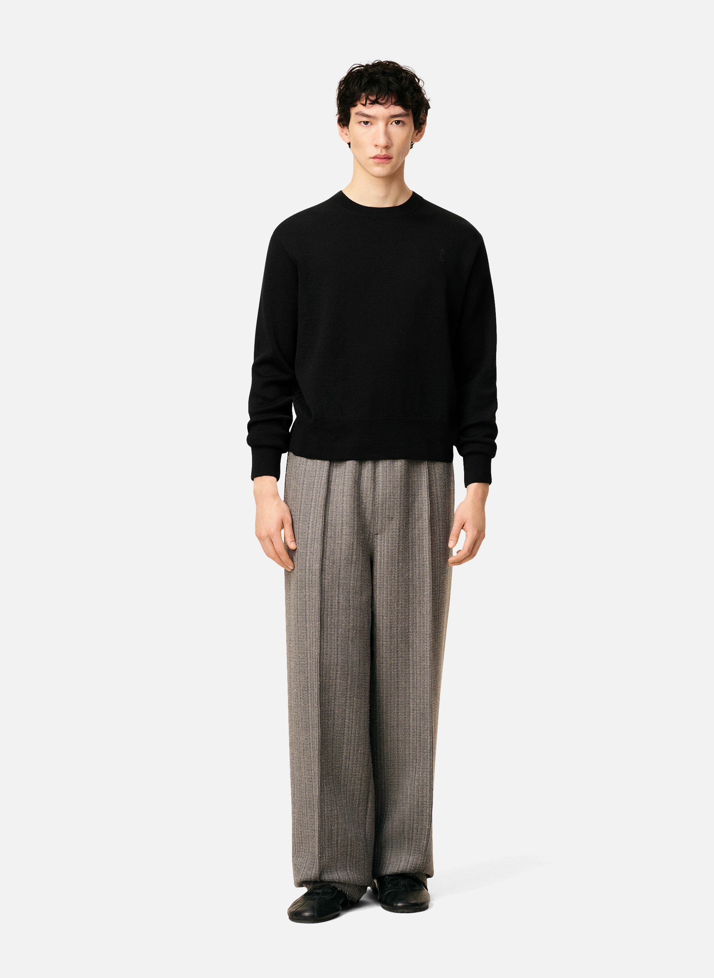 Pull Col Rond Ami De Coeur En Laine AMI PARIS Noir