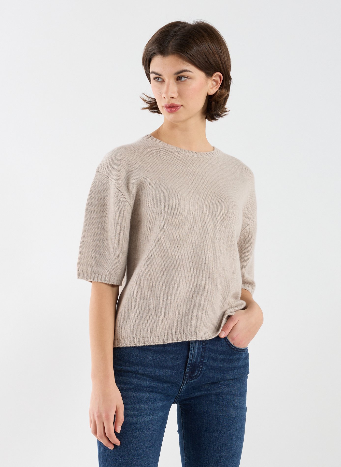 ALMADA T-shirt col rond en laine et cachemire Beige