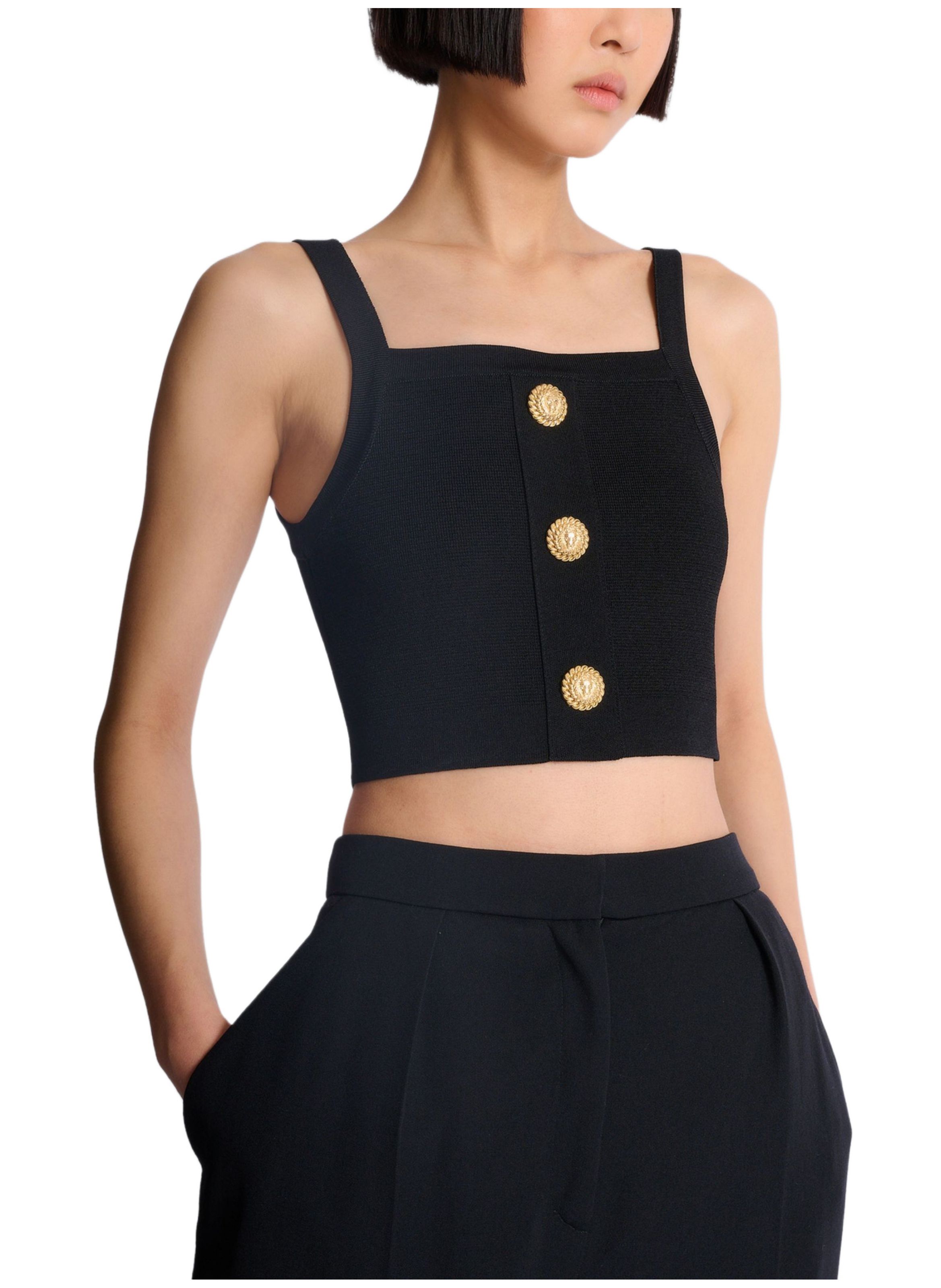 Top brassière en maille à boutons BALMAIN Noir