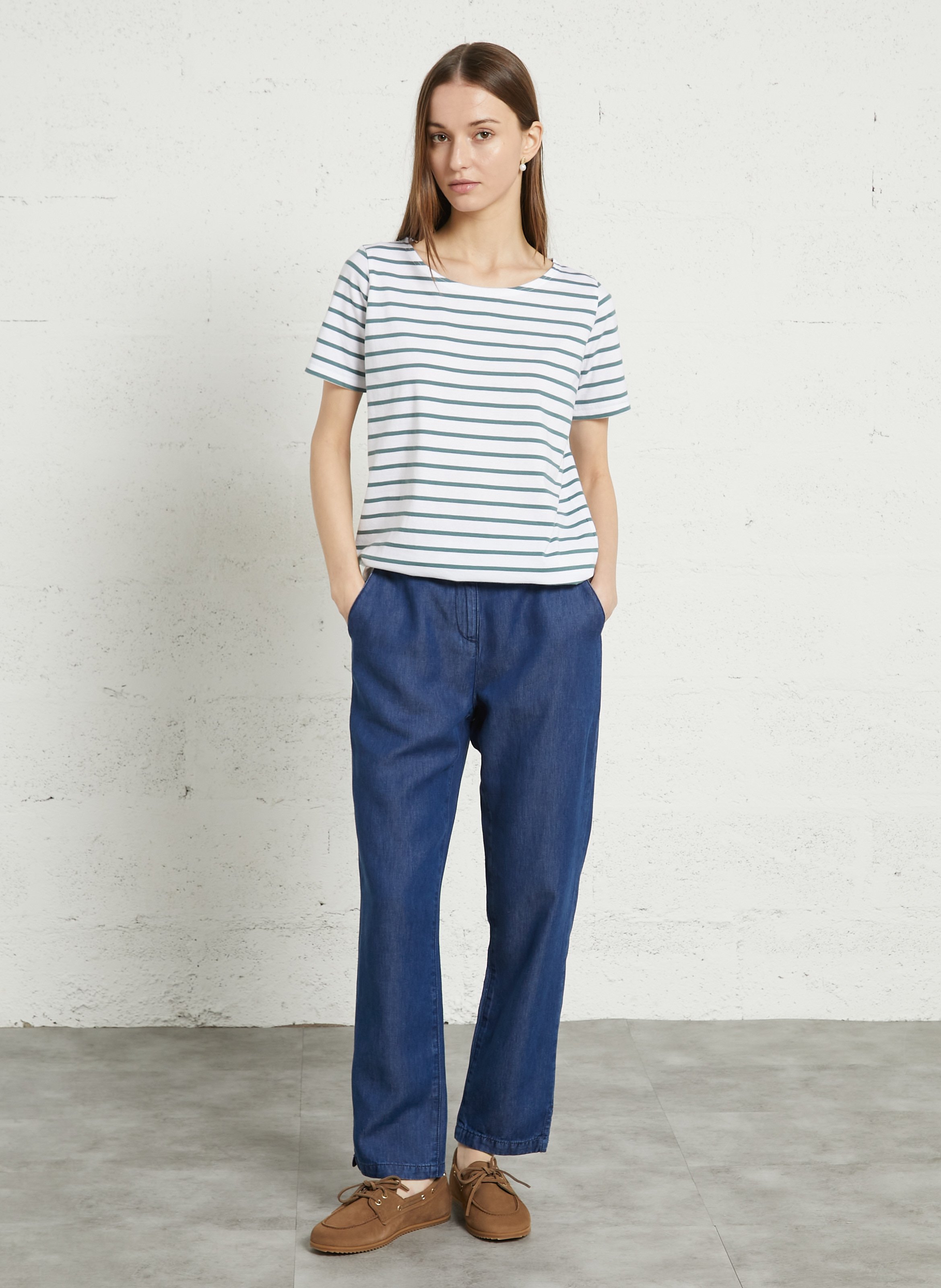 Tee-shirt col rond à rayures en coton ARMOR-LUX Blanc