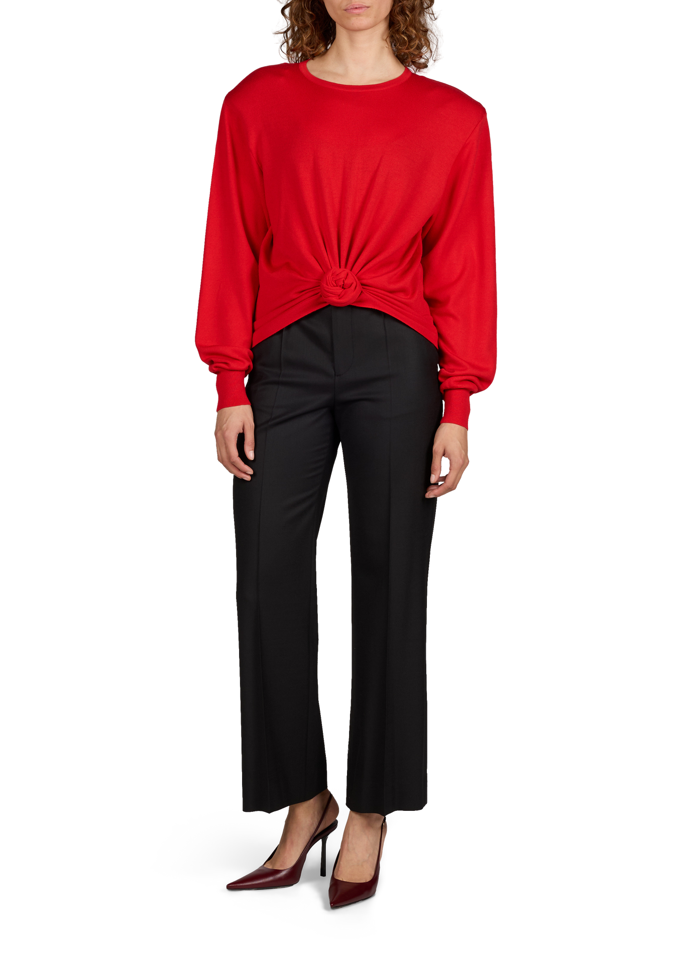 Round-neck wool sweater with front knot MAGDA BUTRYM Red