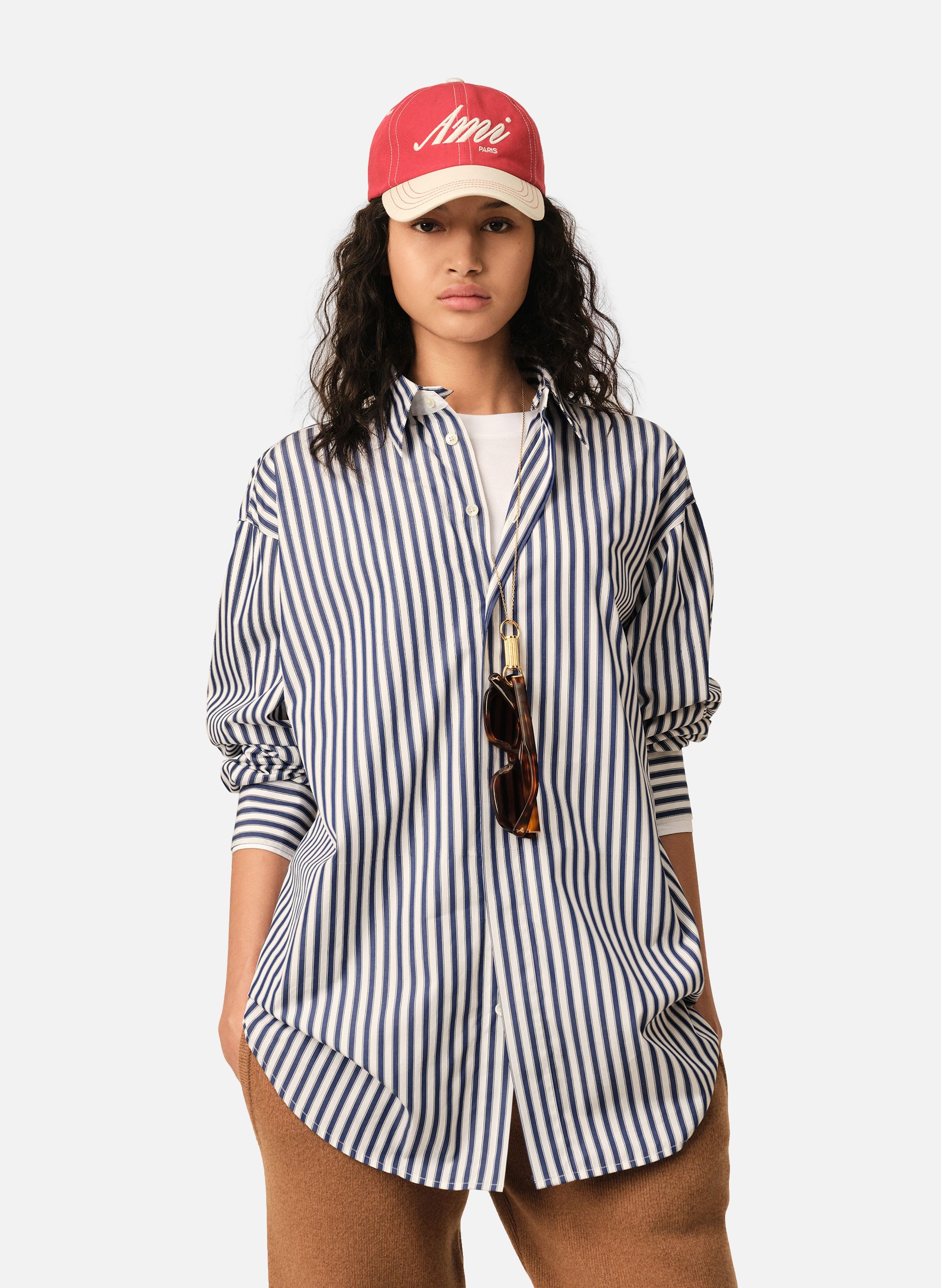 Chemise large rayée unisexe en coton col amovible AMI PARIS Bleu