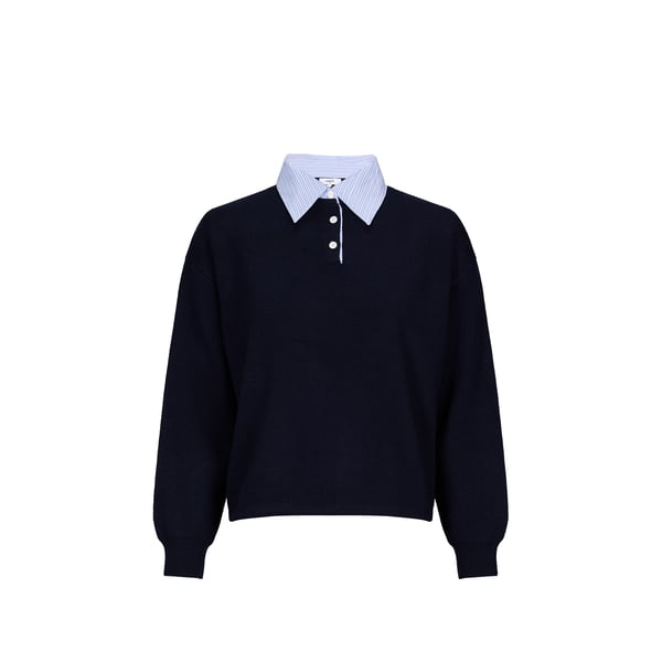 Pull droit uni à col chemise rayé Pull droit uni à col chemise rayé