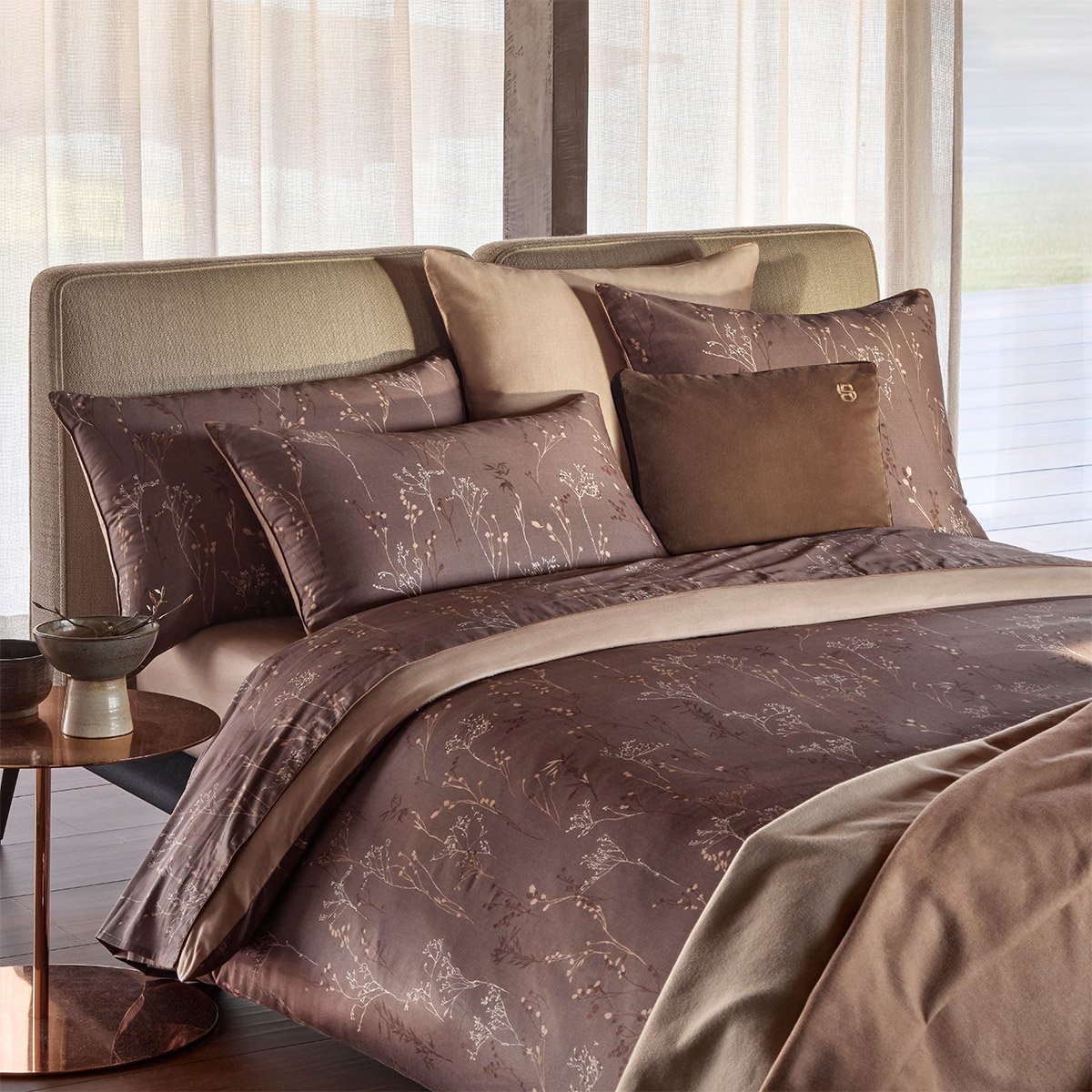 Drap housse en satin de coton, wild millet BOSS HOME Marron