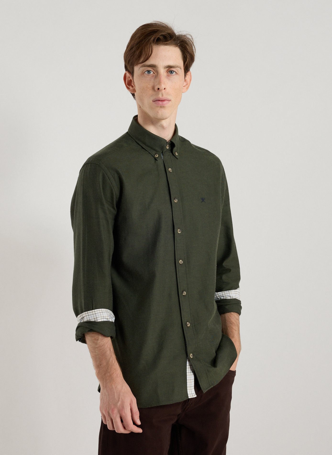HACKETT Solid cotton shirt with button-down collar Green
