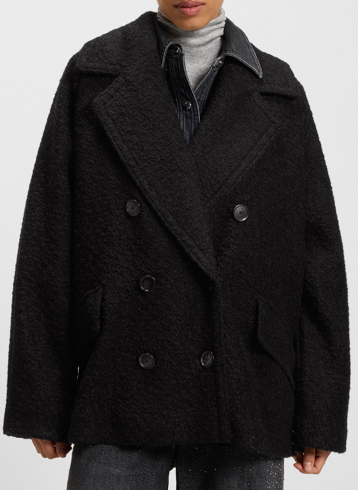 Manteau ample boutonné en maille bouclée BOSS Noir