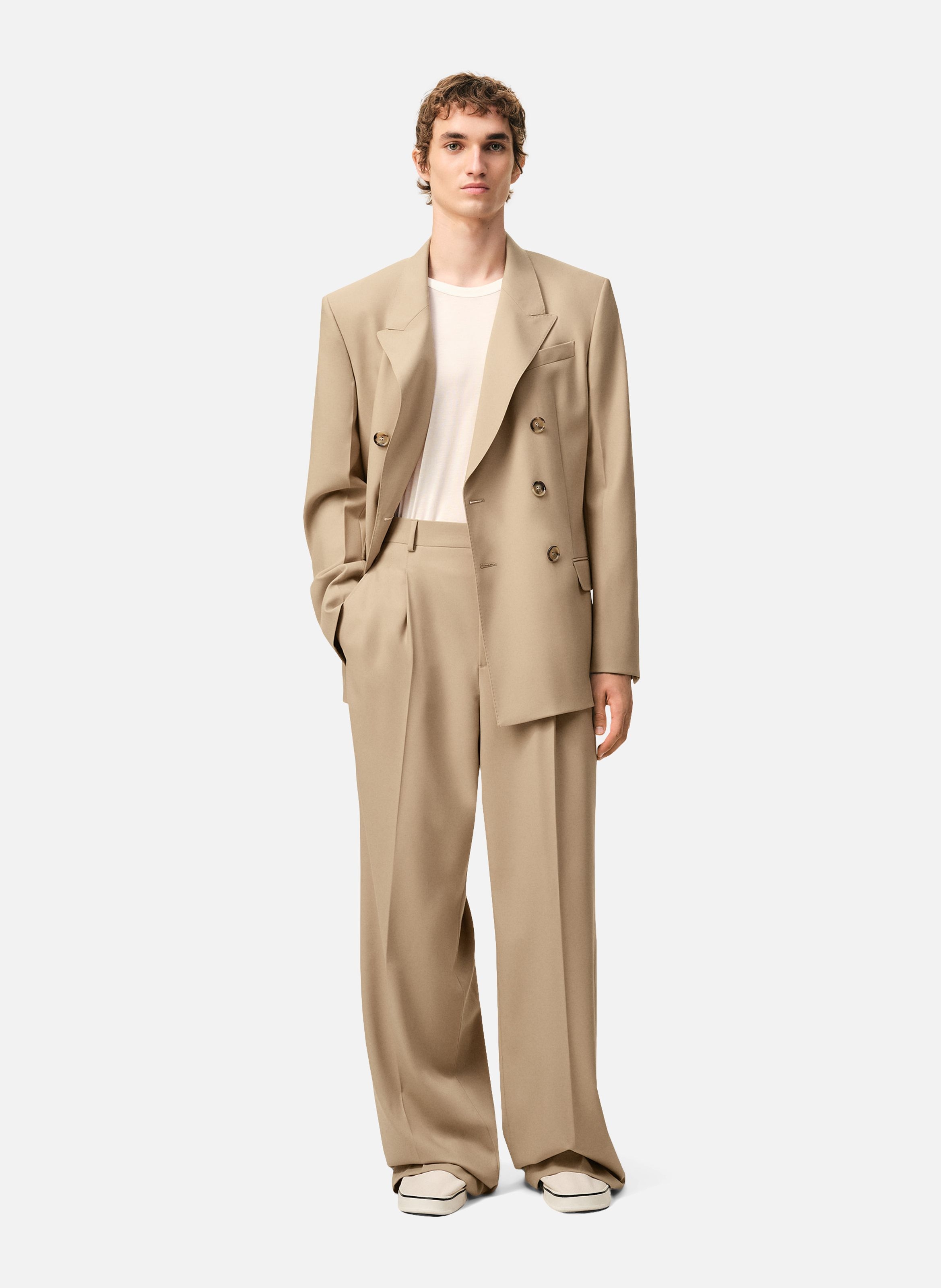 Pantalon large taille basse en laine vierge AMI PARIS Beige