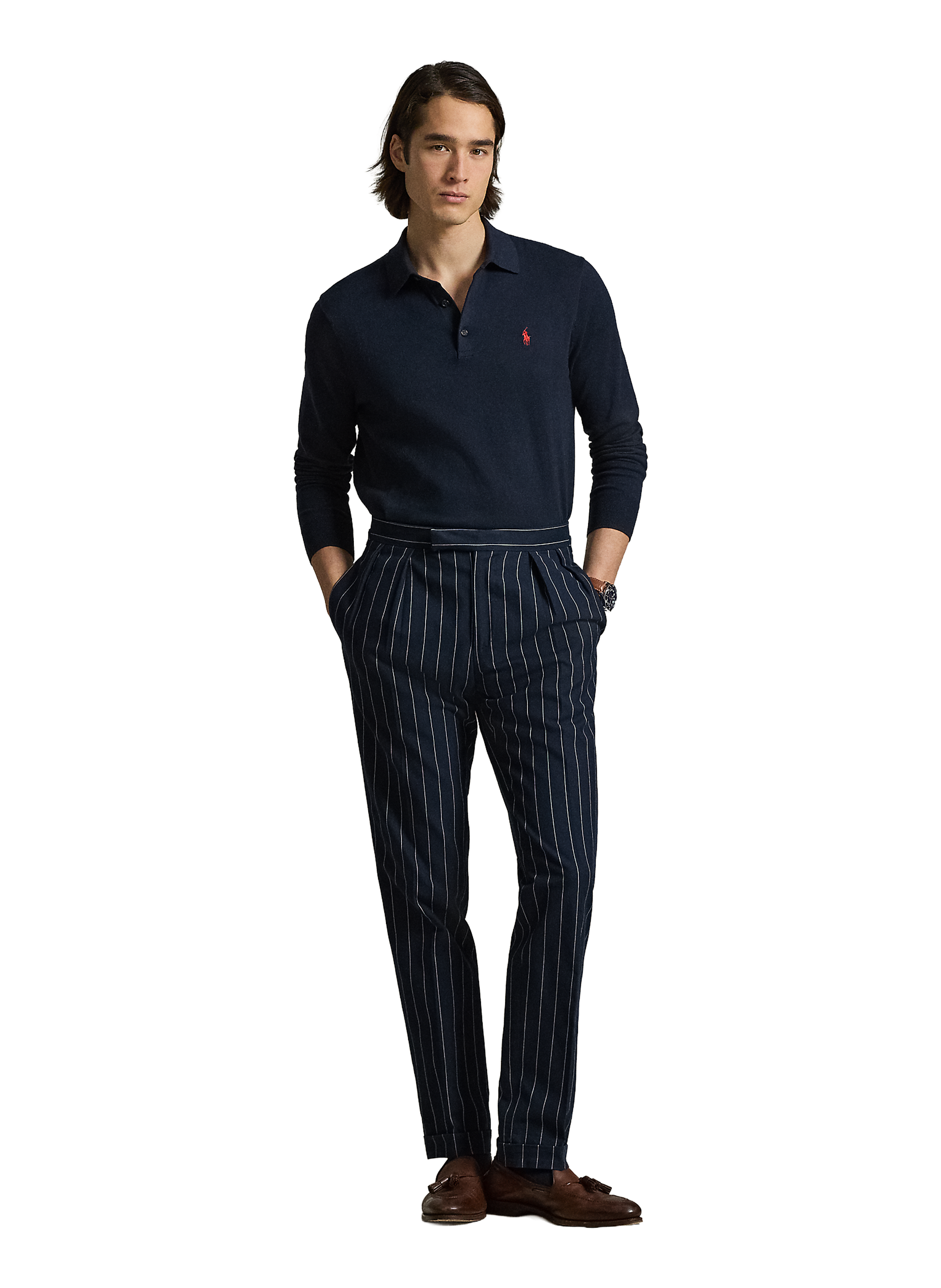 Polo manches longues en coton Bleu