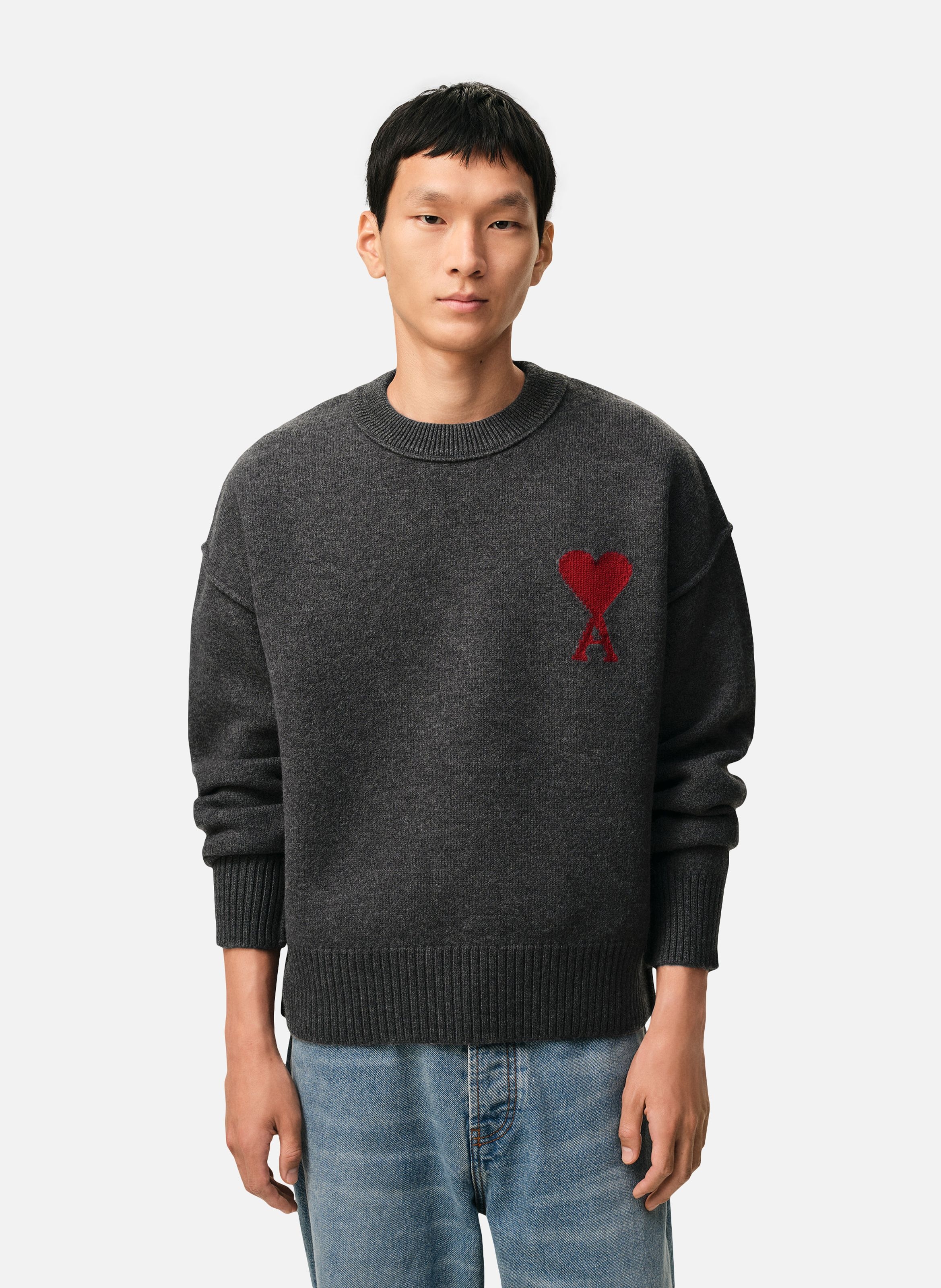 Pull Col Rond Ami De Coeur En Laine unisexe AMI PARIS Gris