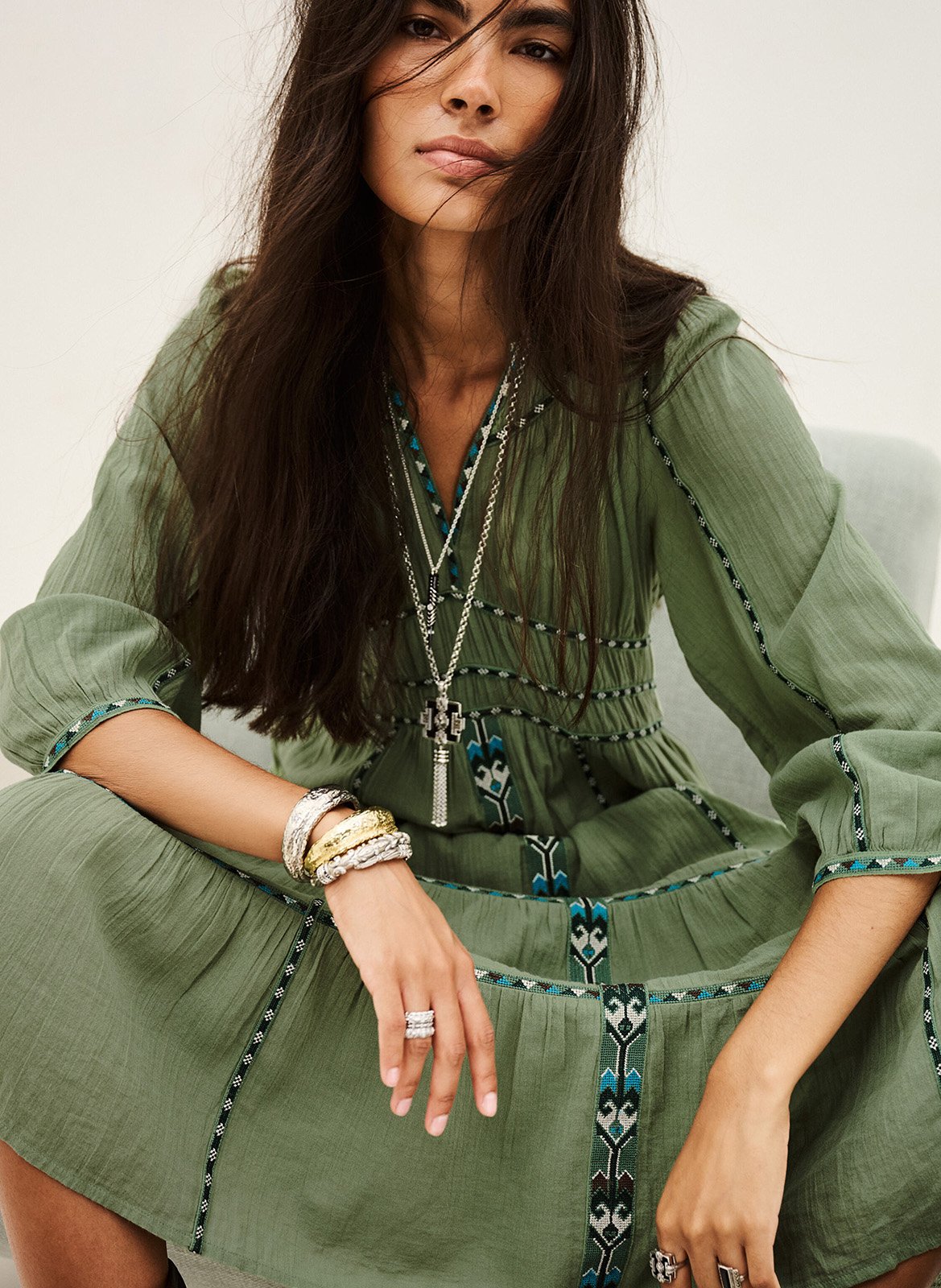 Robe longue col tunisien brodée pahina BA&SH Vert