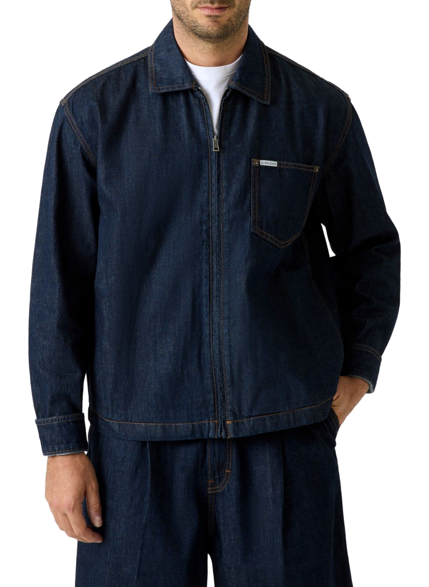 Straight denim jacket with classic collar in cotton GUESS Blue