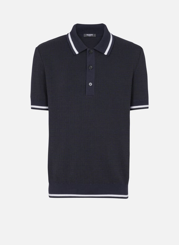 Polo en laine mérinos monogrammée Bleu by BALMAIN BALMAIN Polo en laine mérinos monogrammée Bleu
