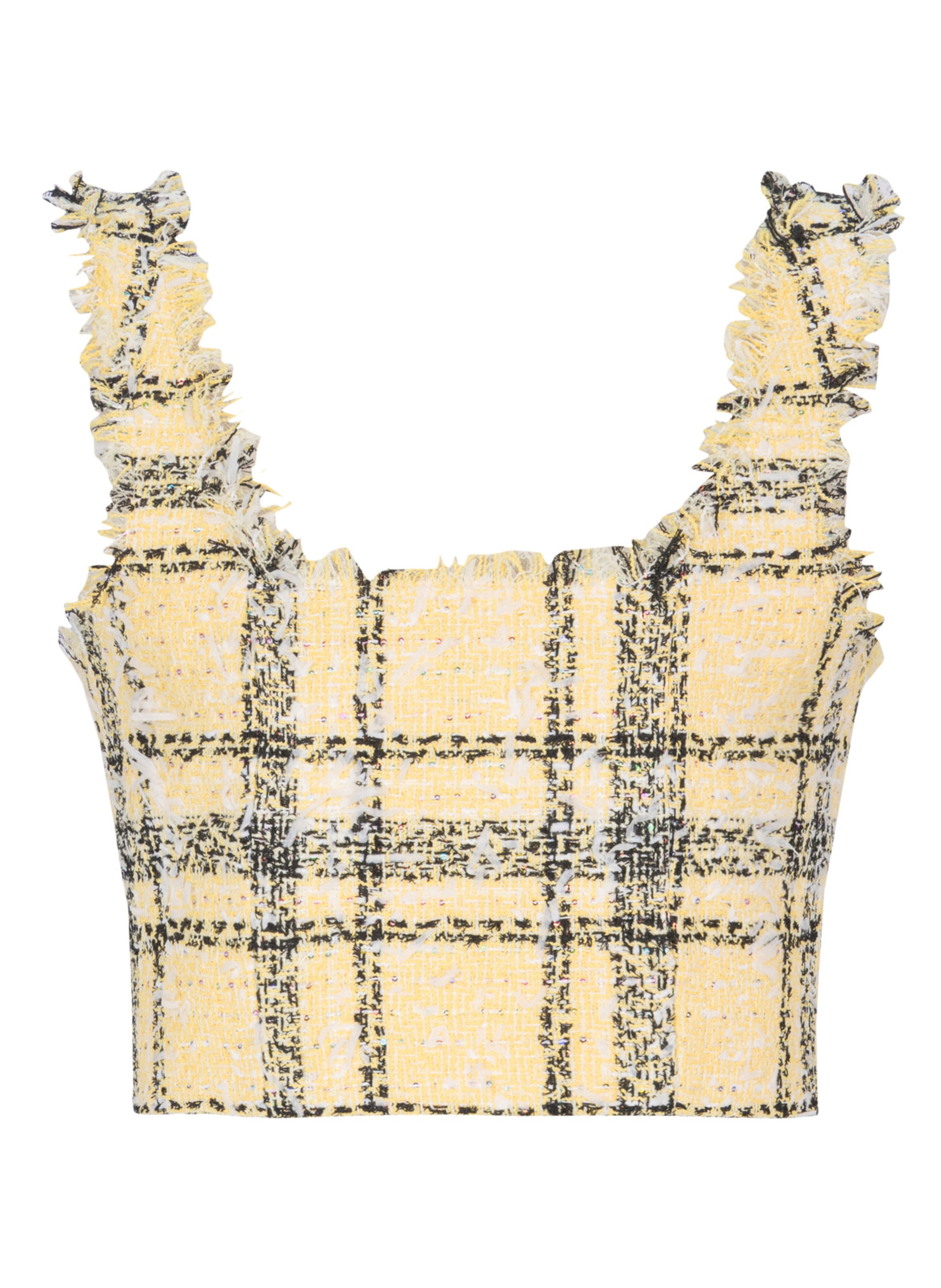 Top court en tweed tartan à paillettes BALMAIN Jaune