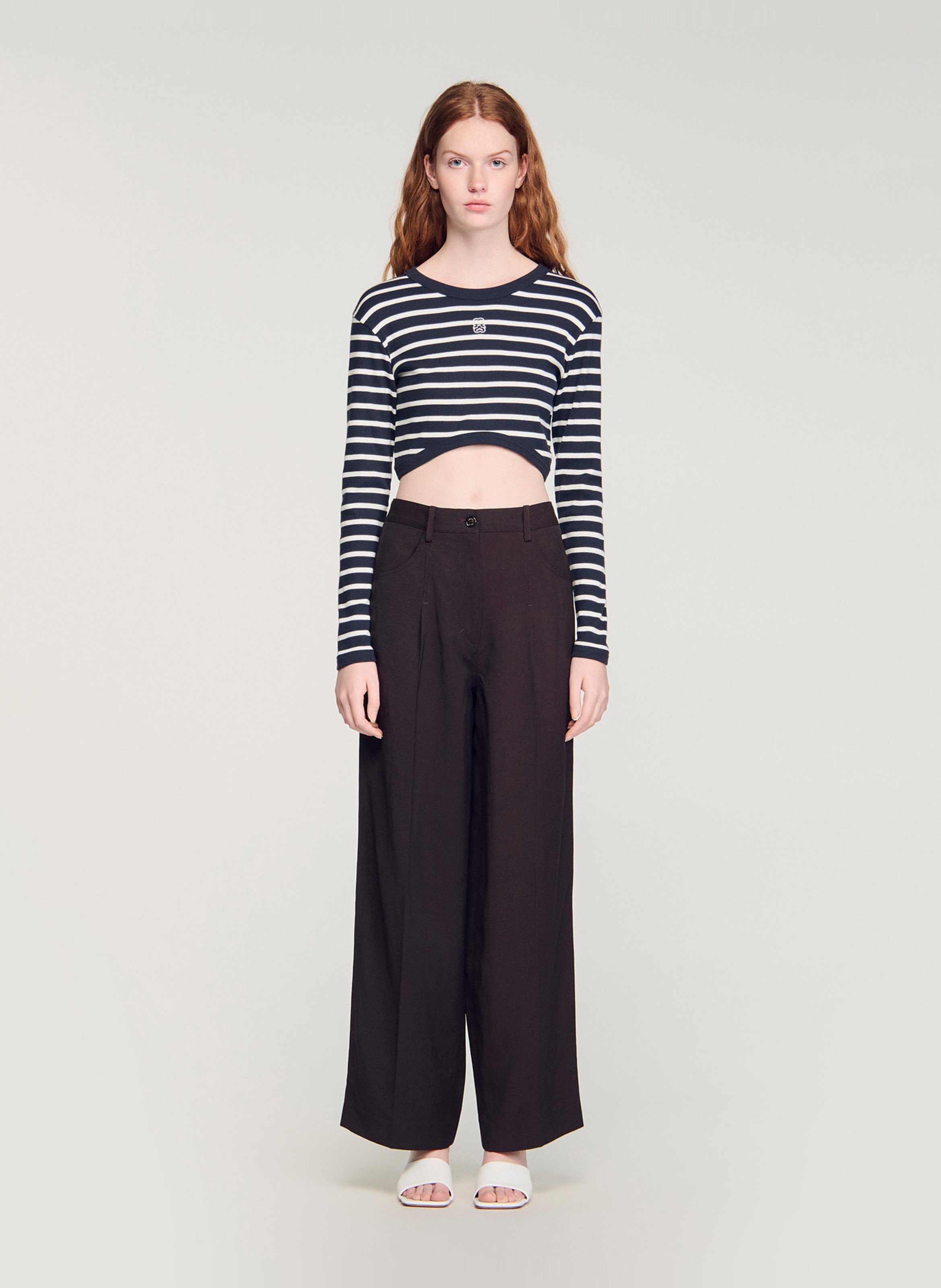 Tee-shirt droit col rond en coton rayé SANDRO Bleu