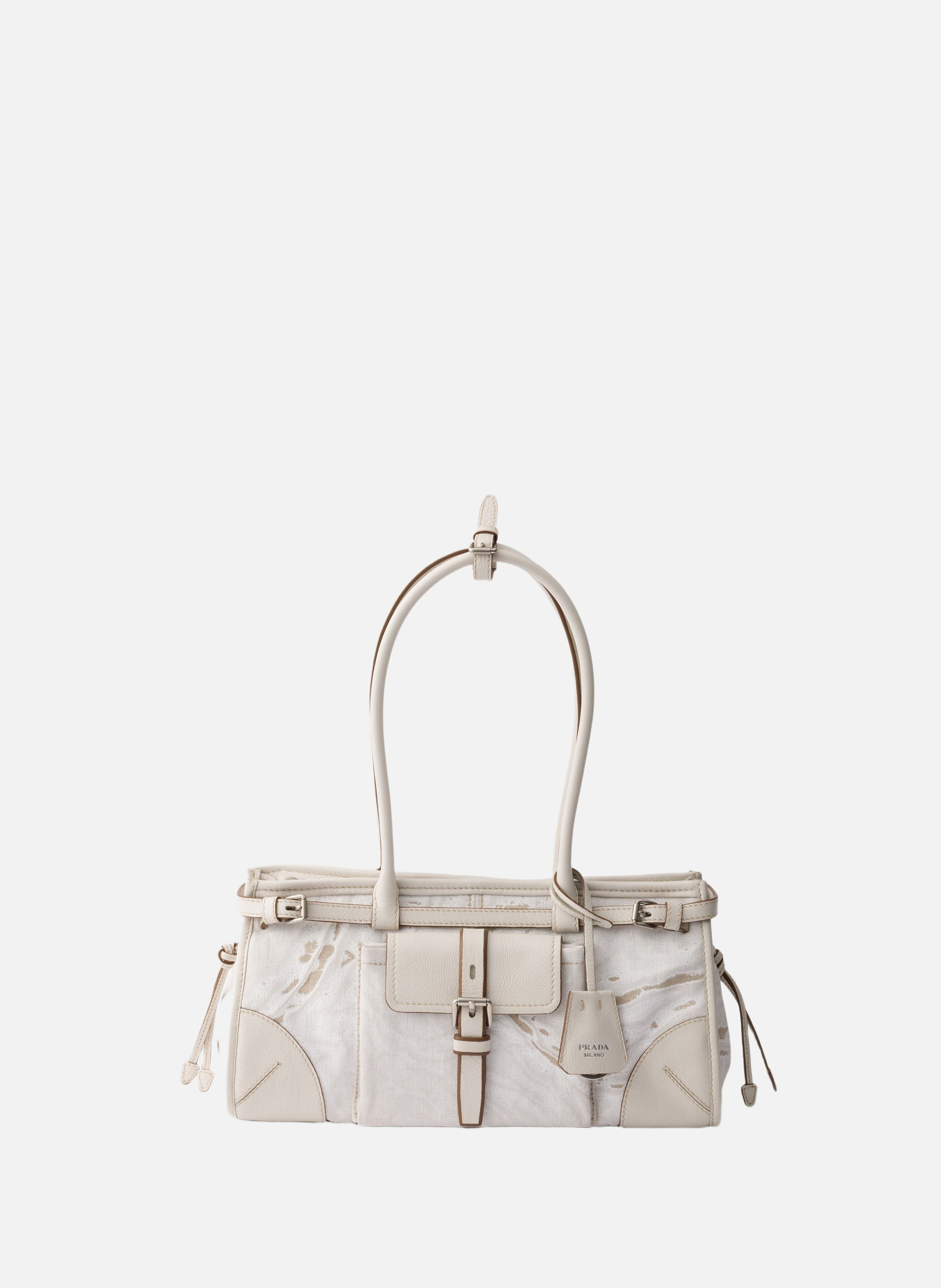 Sac à main prada bonnie moyen en lin imprimé et cu PRADA Blanc