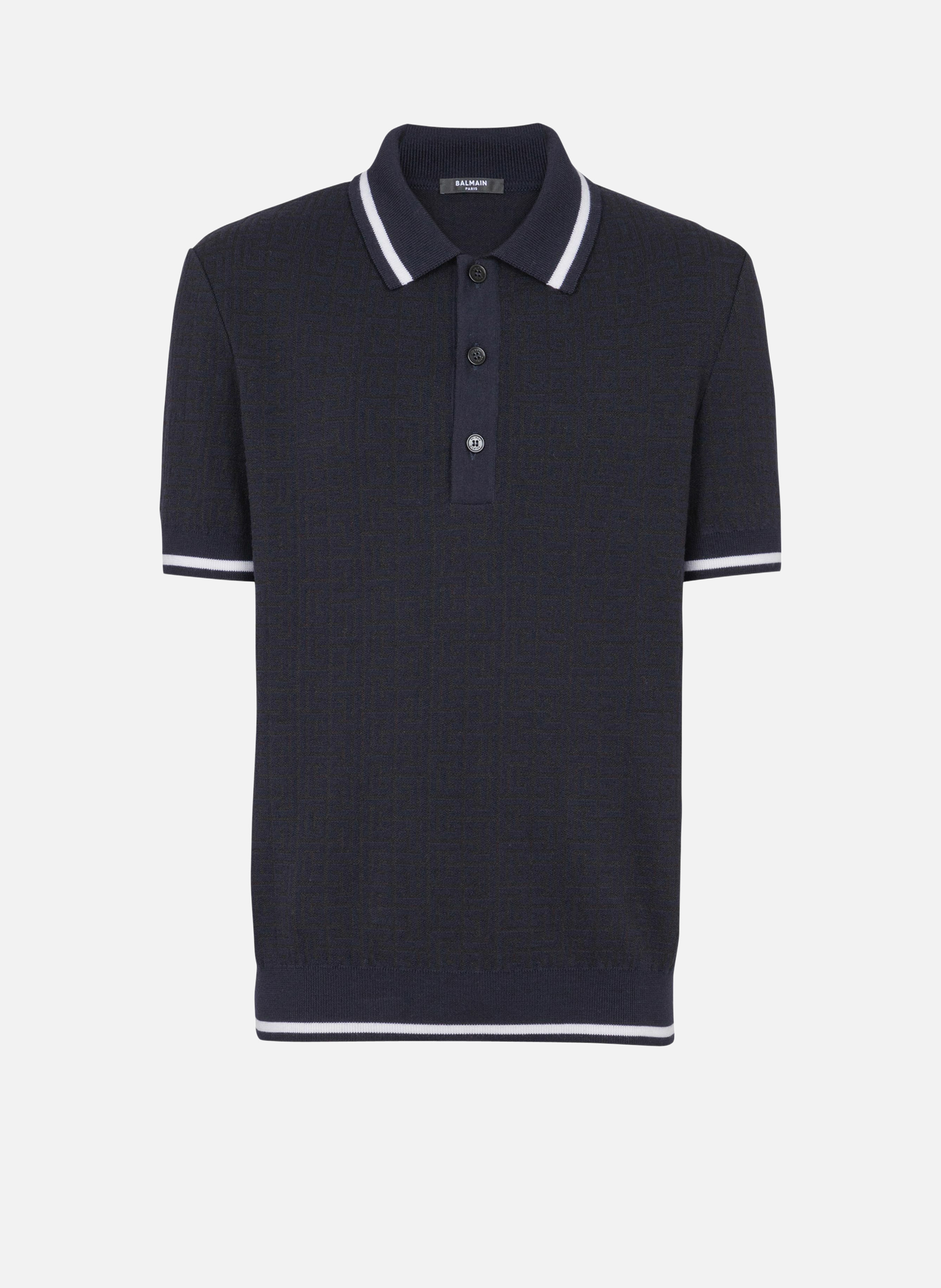 Polo en laine mérinos monogrammée BALMAIN Bleu