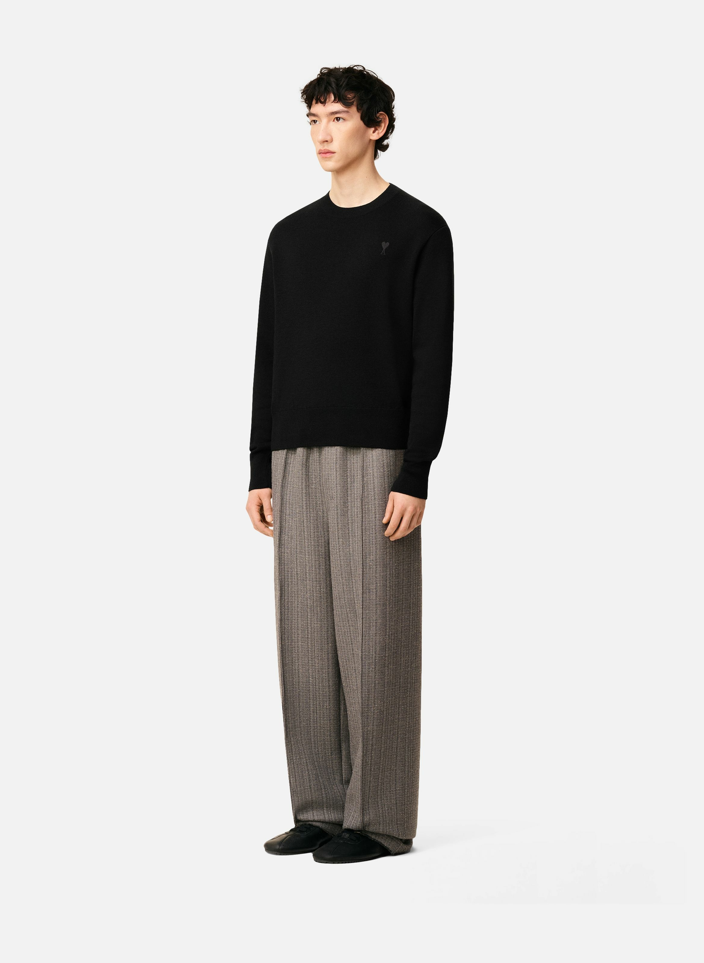 Pull Col Rond Ami De Coeur En Laine AMI PARIS Noir