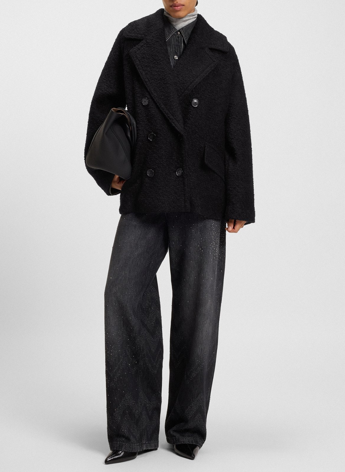 Manteau ample boutonné en maille bouclée BOSS Noir