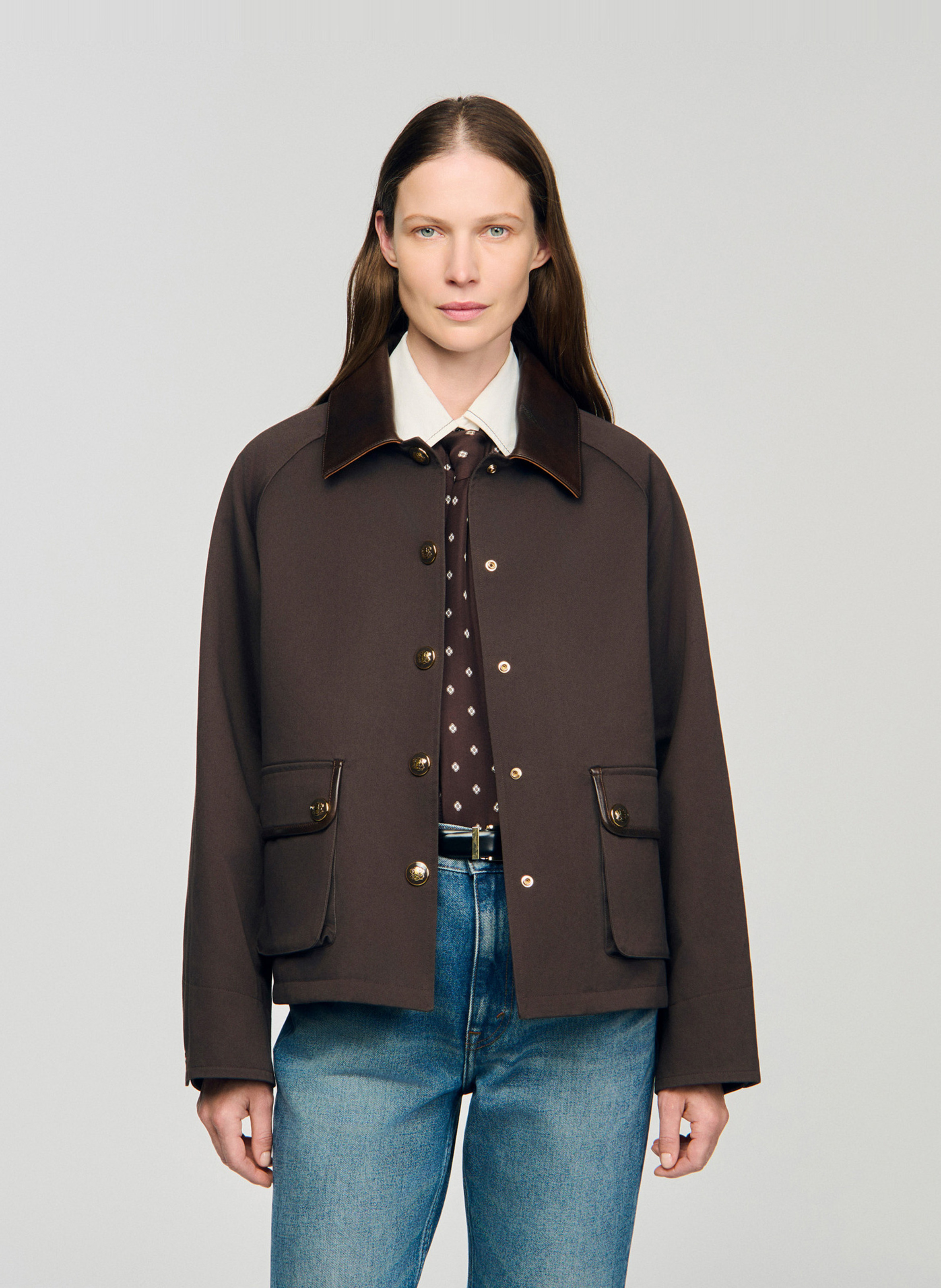 SANDRO Veste col classique en coton Marron