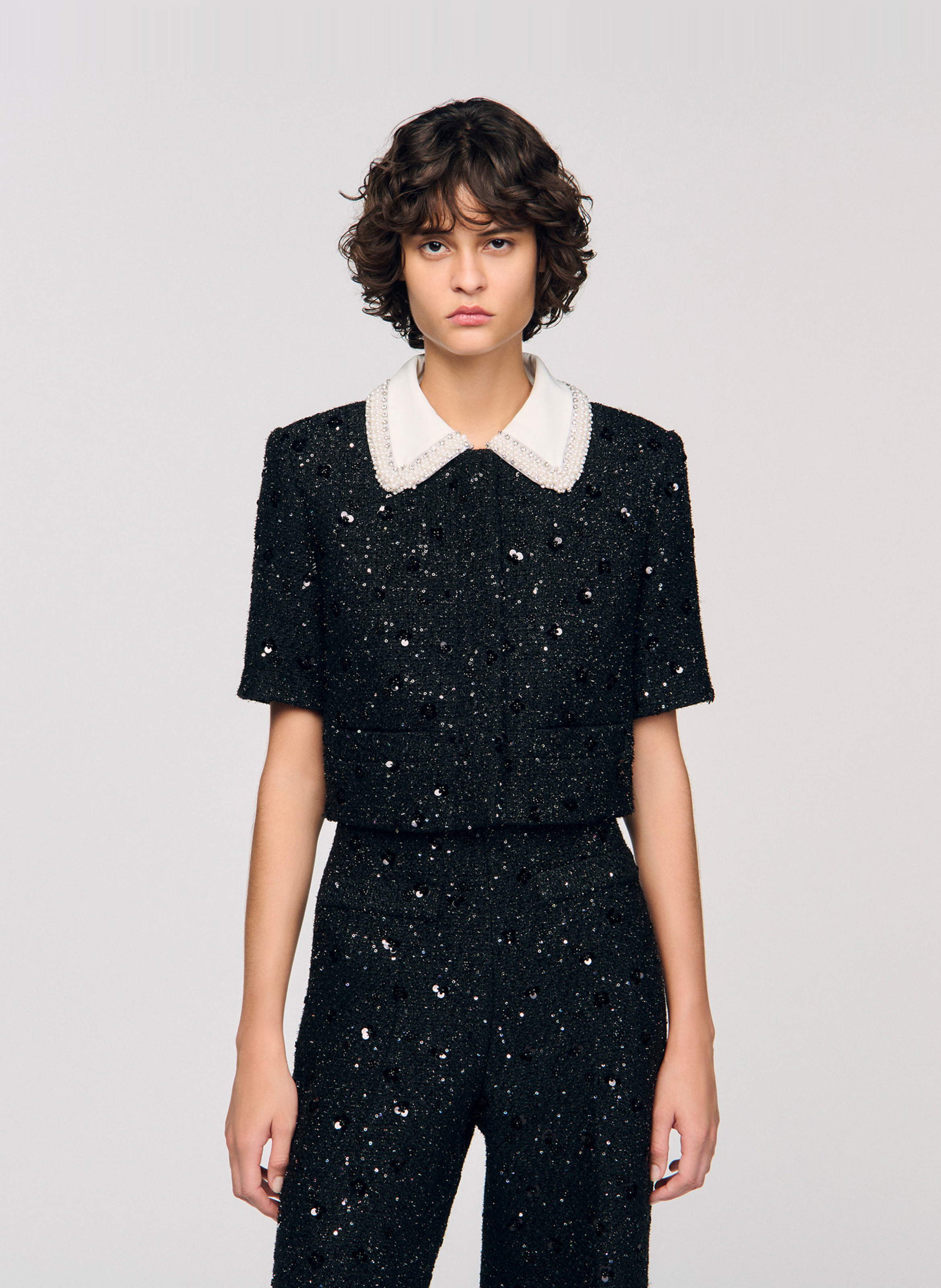 SANDRO Veste courte en tweed sequins Noir