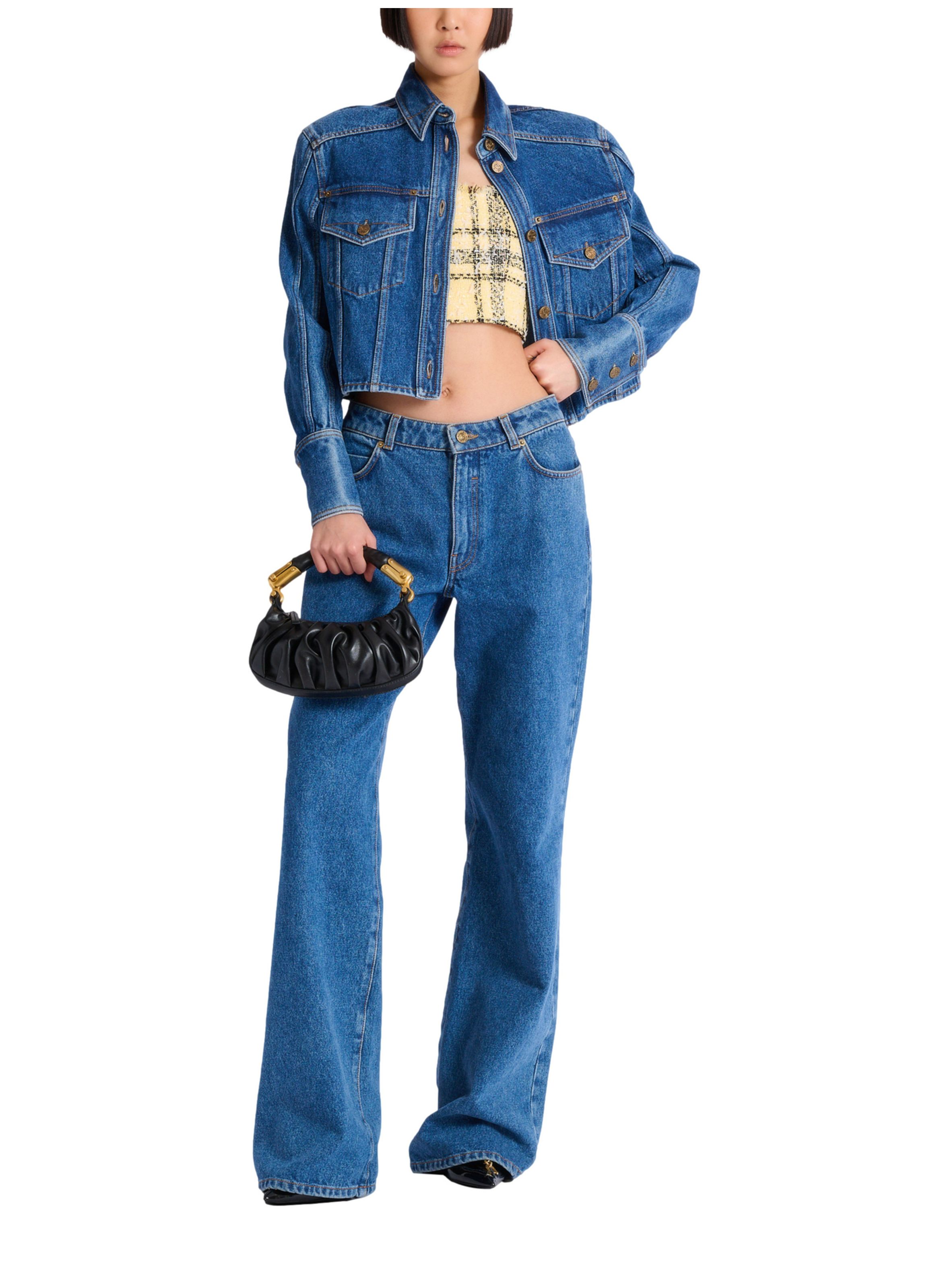 Top court en tweed tartan à paillettes BALMAIN Jaune