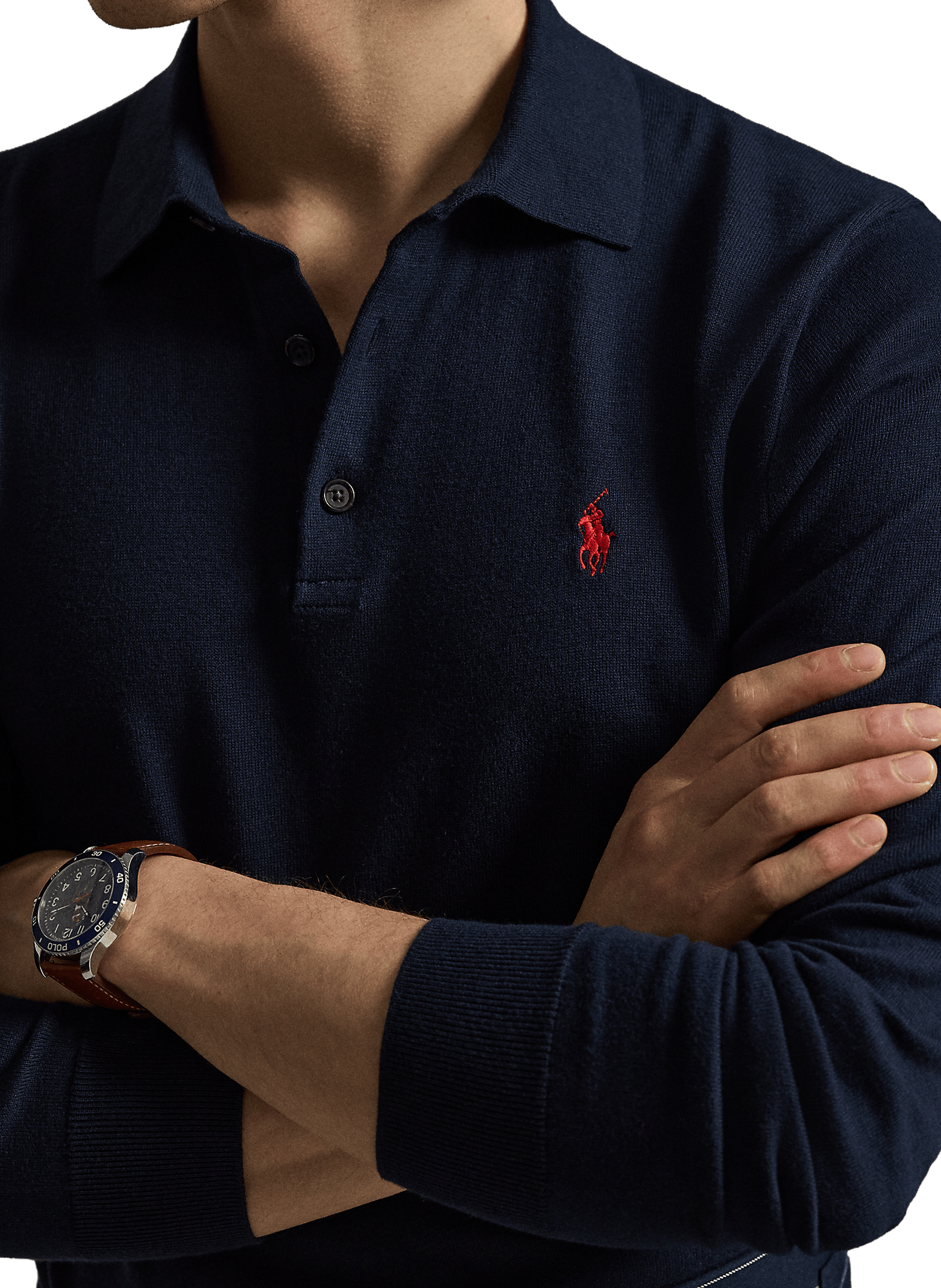 Polo manches longues en coton Bleu