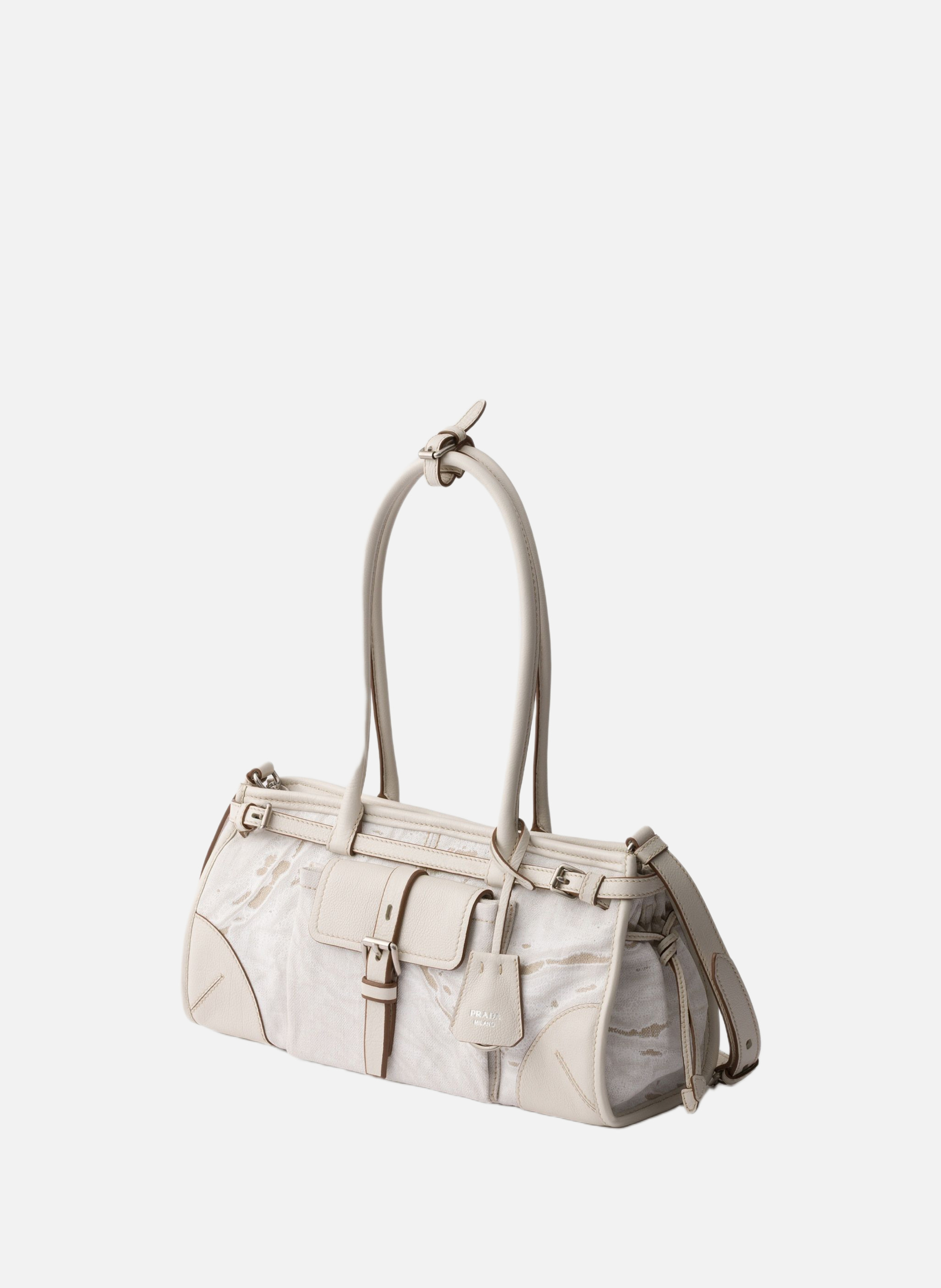 Sac à main prada bonnie moyen en lin imprimé et cu PRADA Blanc