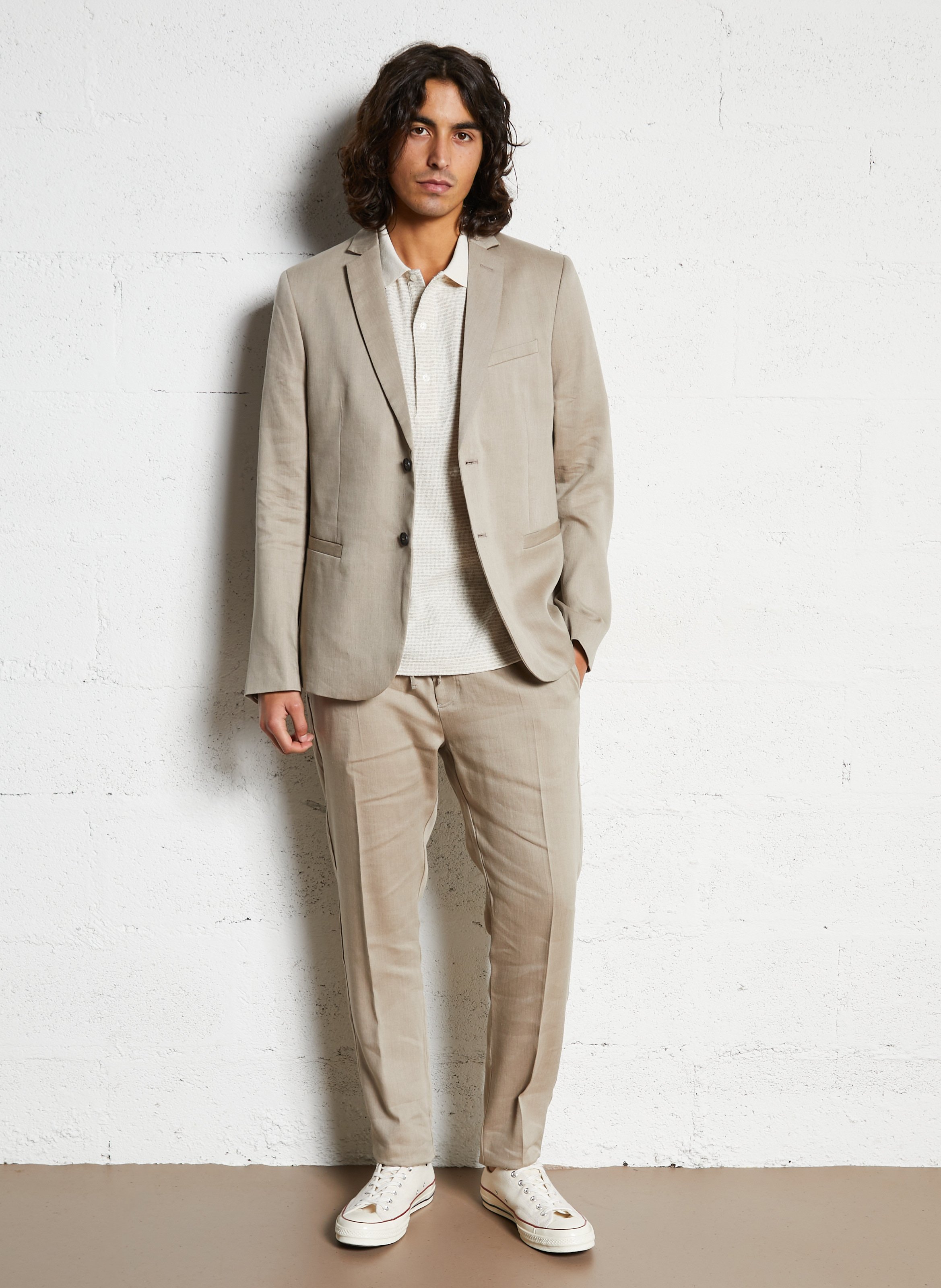 Pantalon casual droit uni en lin mélangé IKKS Beige