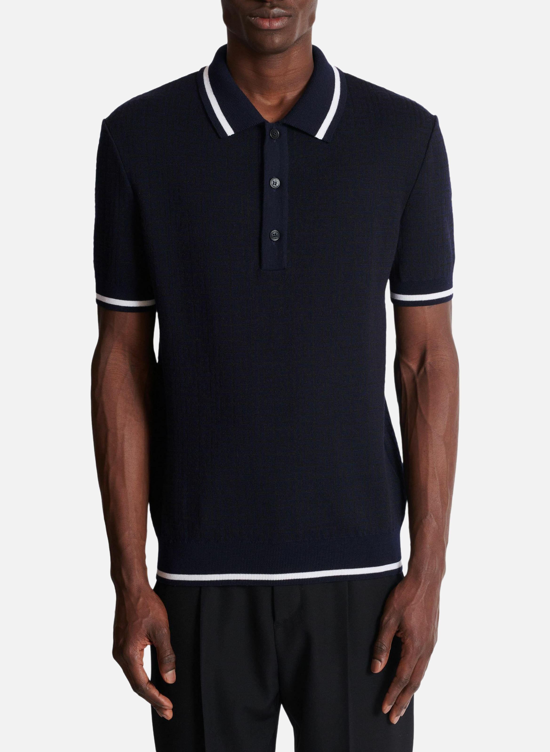 Polo en laine mérinos monogrammée BALMAIN Bleu