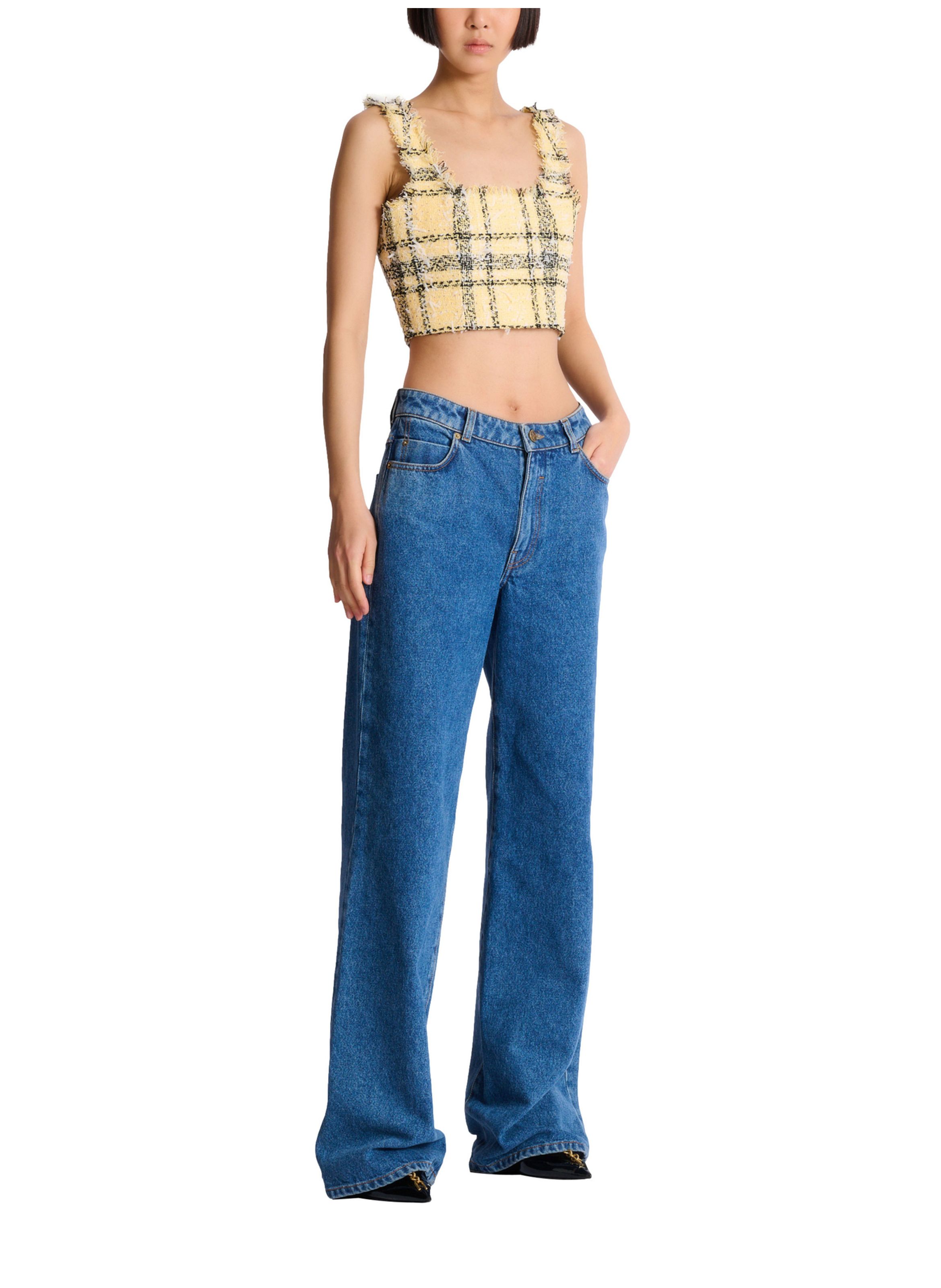 Top court en tweed tartan à paillettes BALMAIN Jaune